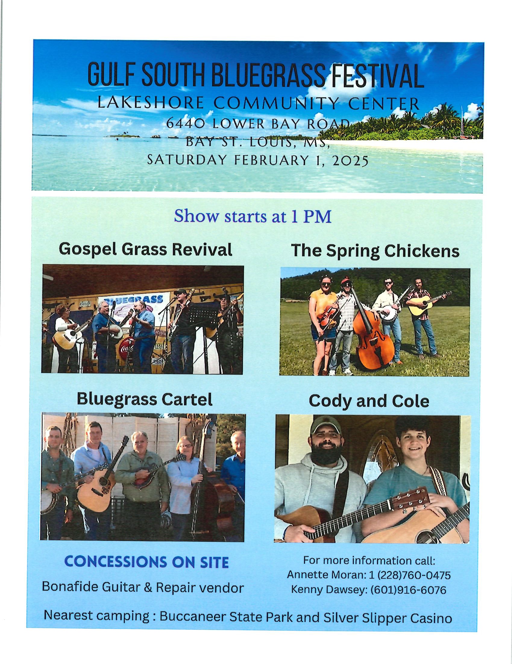 Gulf South Bluegrass Festival, 4 bands playing, guitar & repair vendor