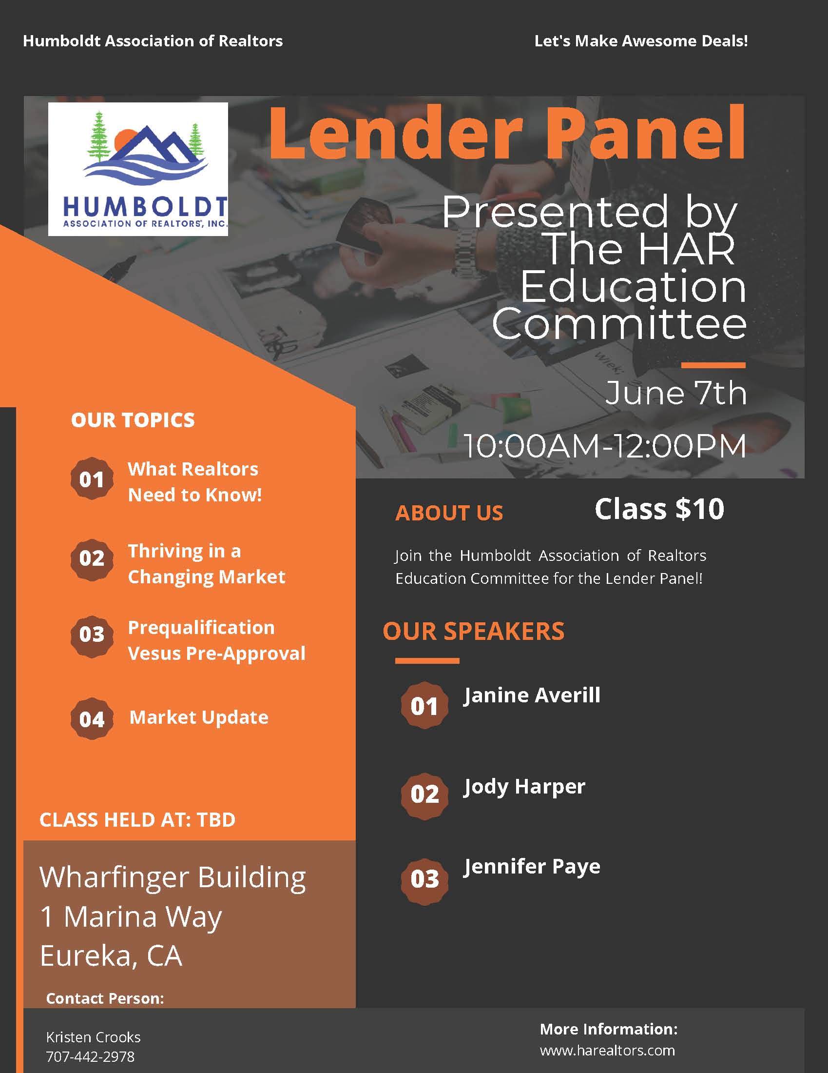 Lender Panel Flyer with date, time, location, speakers, and topics
