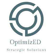 Logo of OptimizED Strategic Solutions, featuring a stylized circular design in teal above the company name and tagline