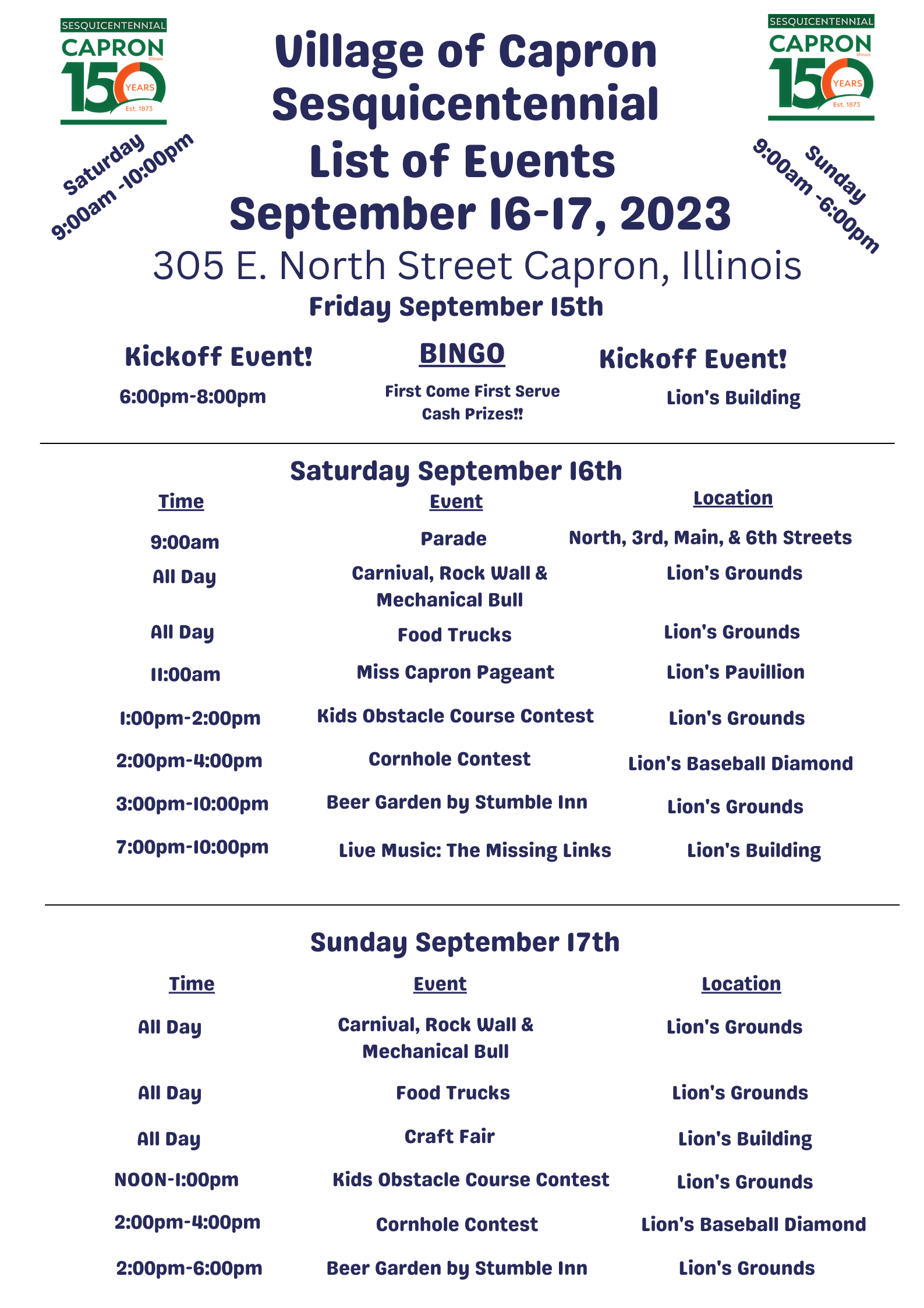 Village of Capron Sesquicentennial Celebration Belvidere Chamber of