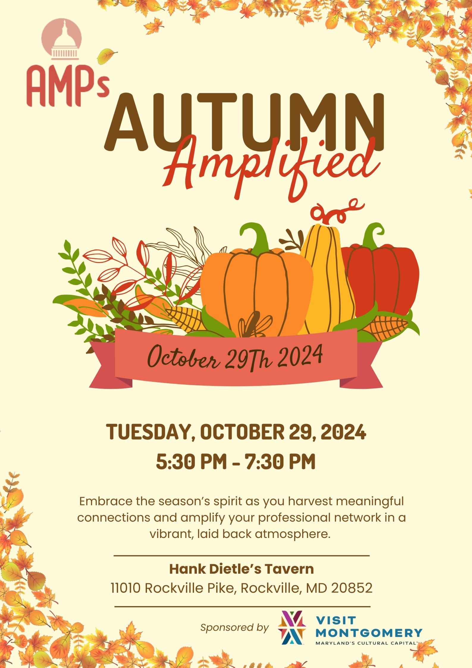 Promotional poster for 'Autumn Amplified' event by AMPs on October 29, 2024, featuring fall harvest illustrations, event