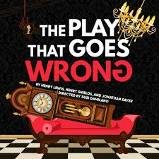 The Play that Goes wrong over a clock on a chaise lounge with a dangling chandelier