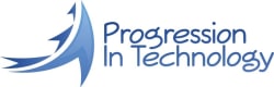 Progression In Technology logo with stylized blue arrows and modern font
