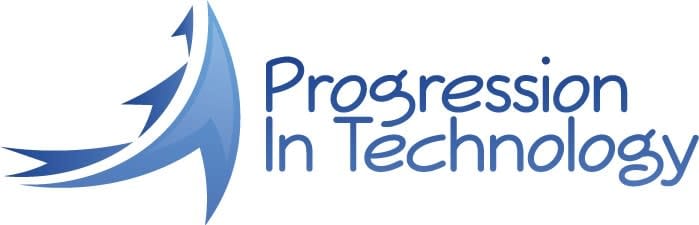 Progression In Technology logo with stylized blue arrows and modern font