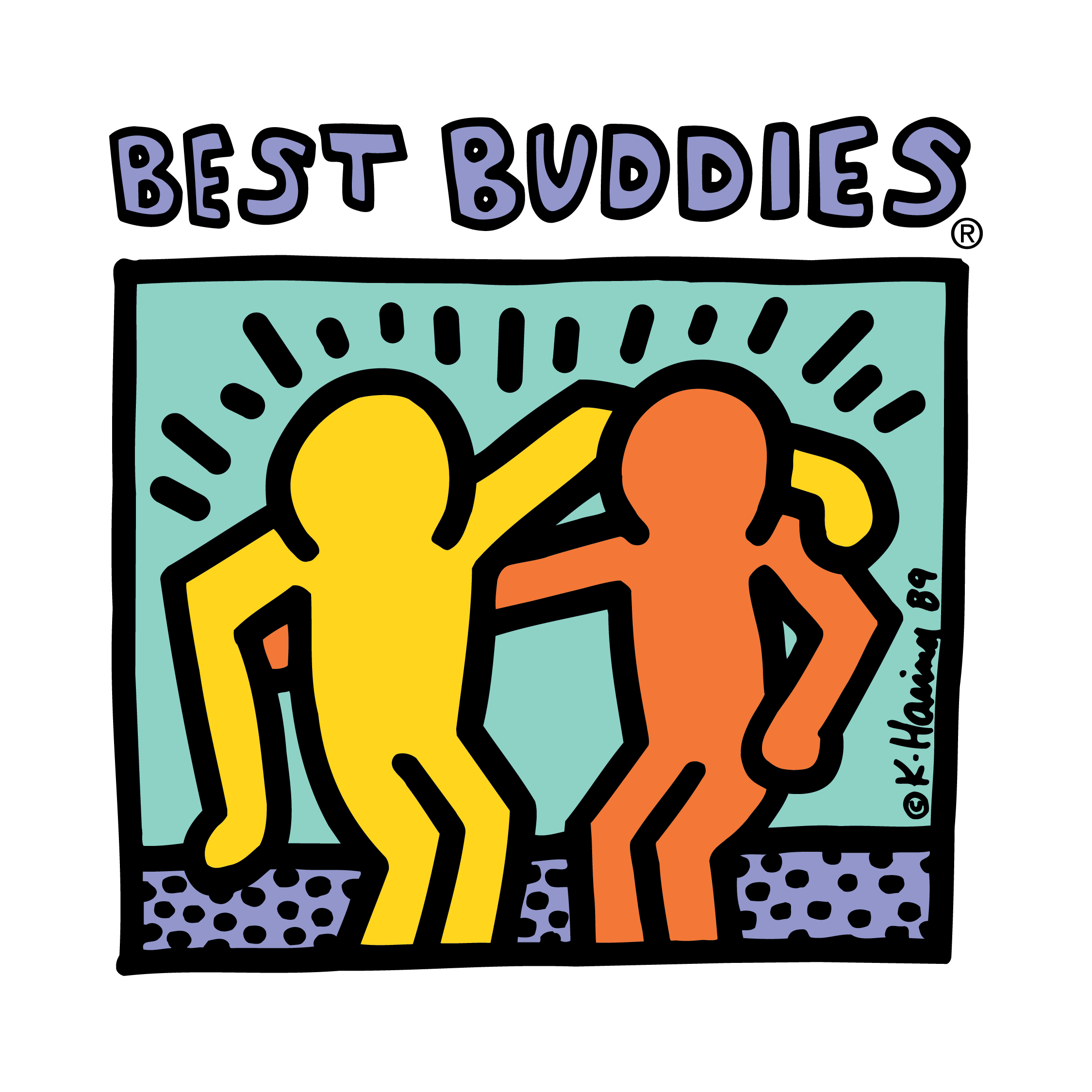 Best Buddies Logo - drawing by Keith Haring of 2 figures with arms around each other. The text "Best Buddies" is above.