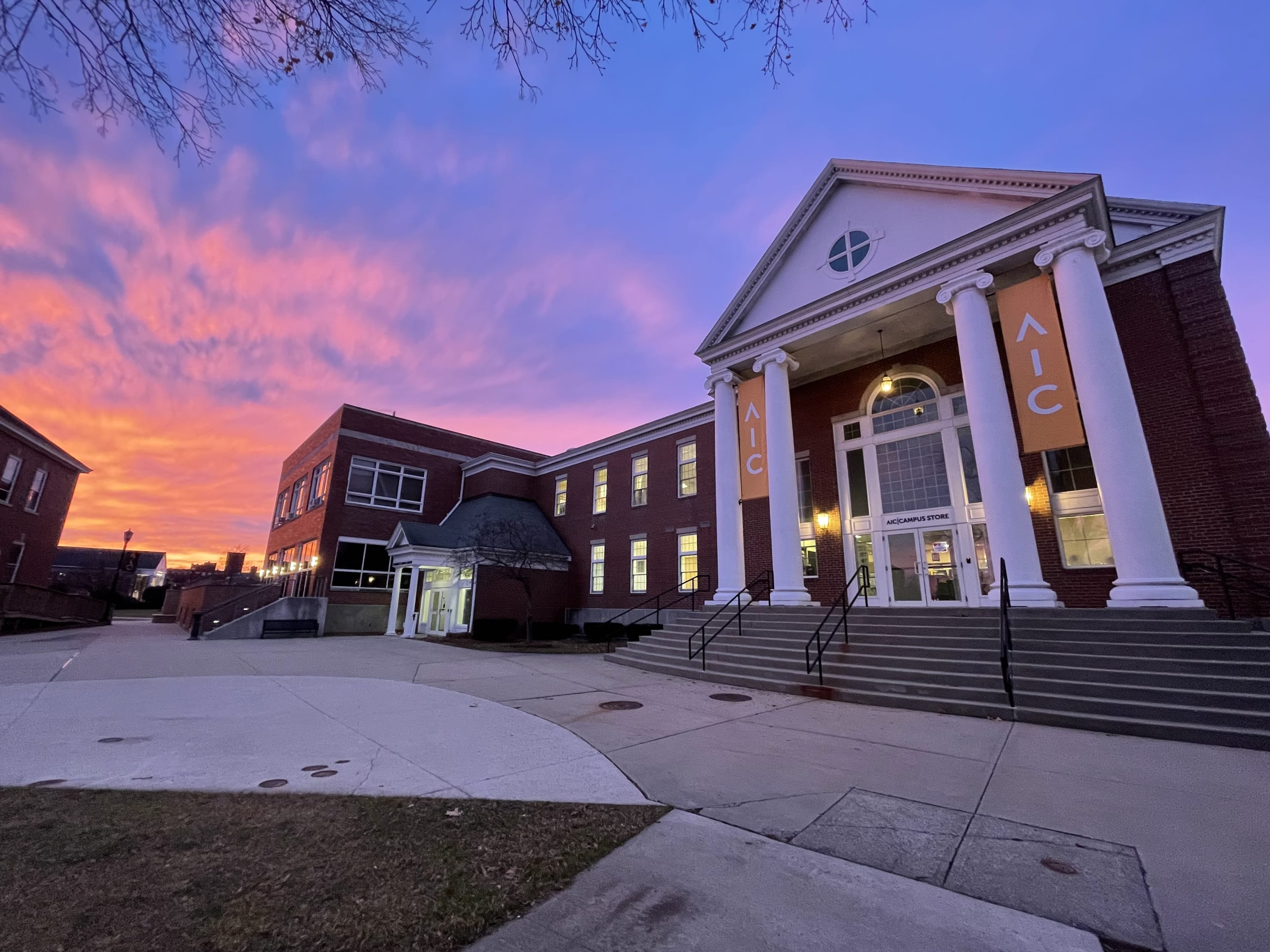 AIC campus bookstore at sunset