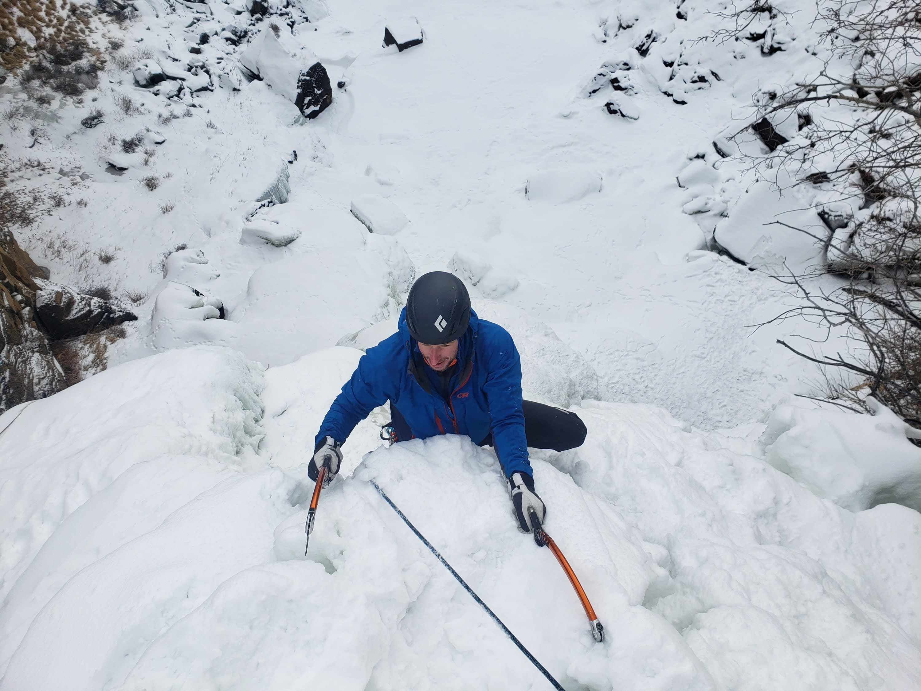 Climber near the top of an ice climb