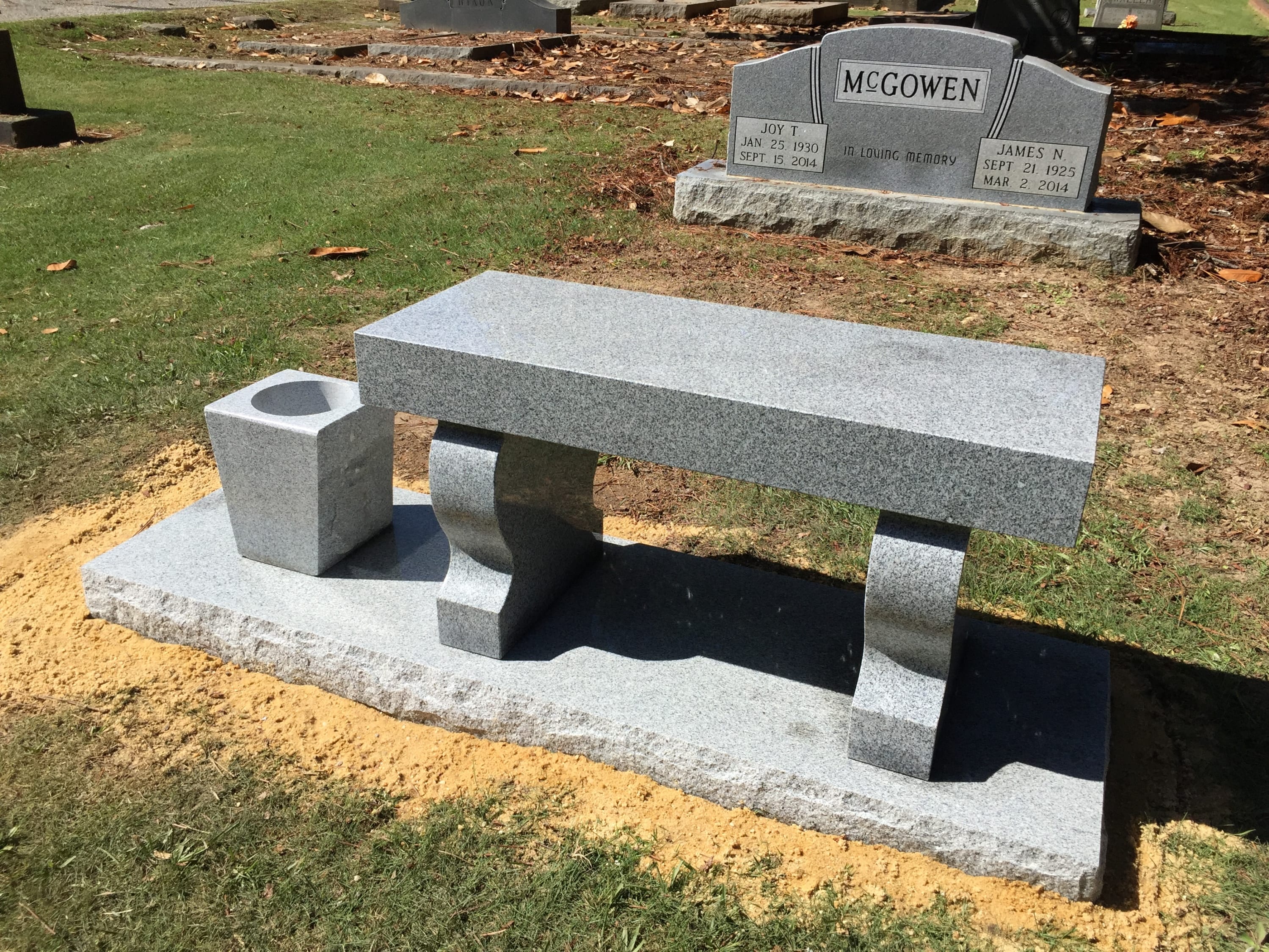 Gray Granite Bench with Flower Vase