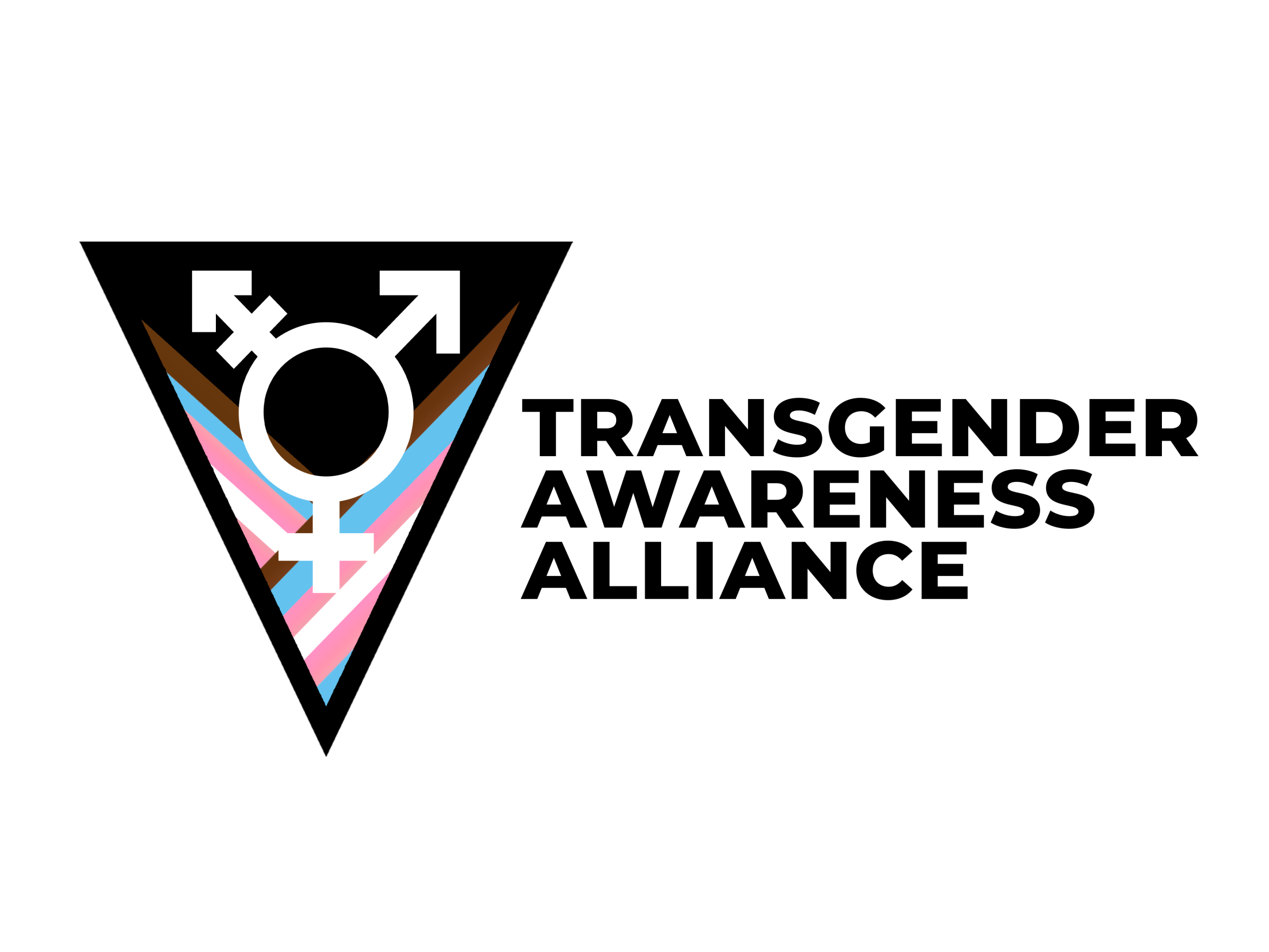 Black triangle to the right with trans inclusive colors and void of trans symbol and TAA name written out to the right.