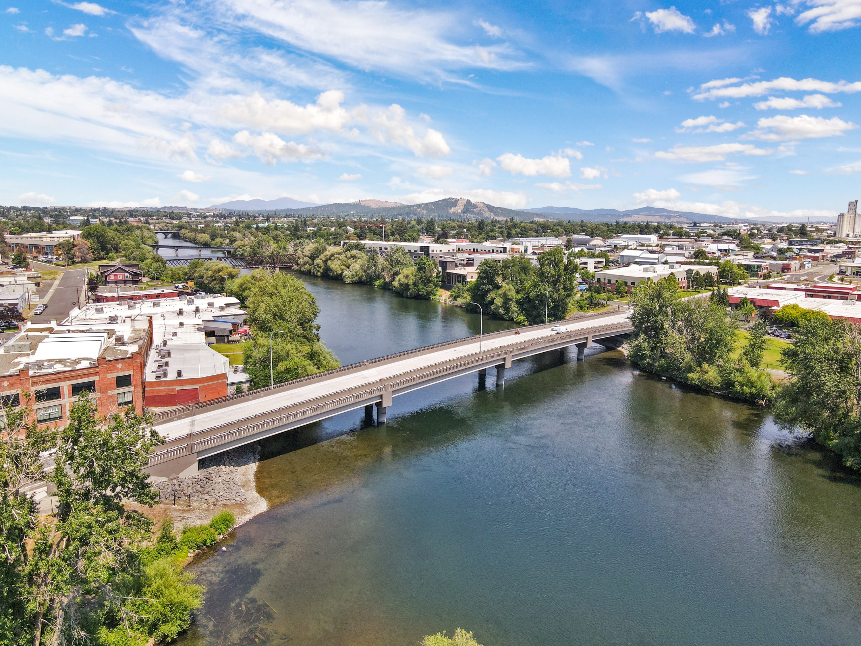 Aerial view of the bridge spanning the Spokane River