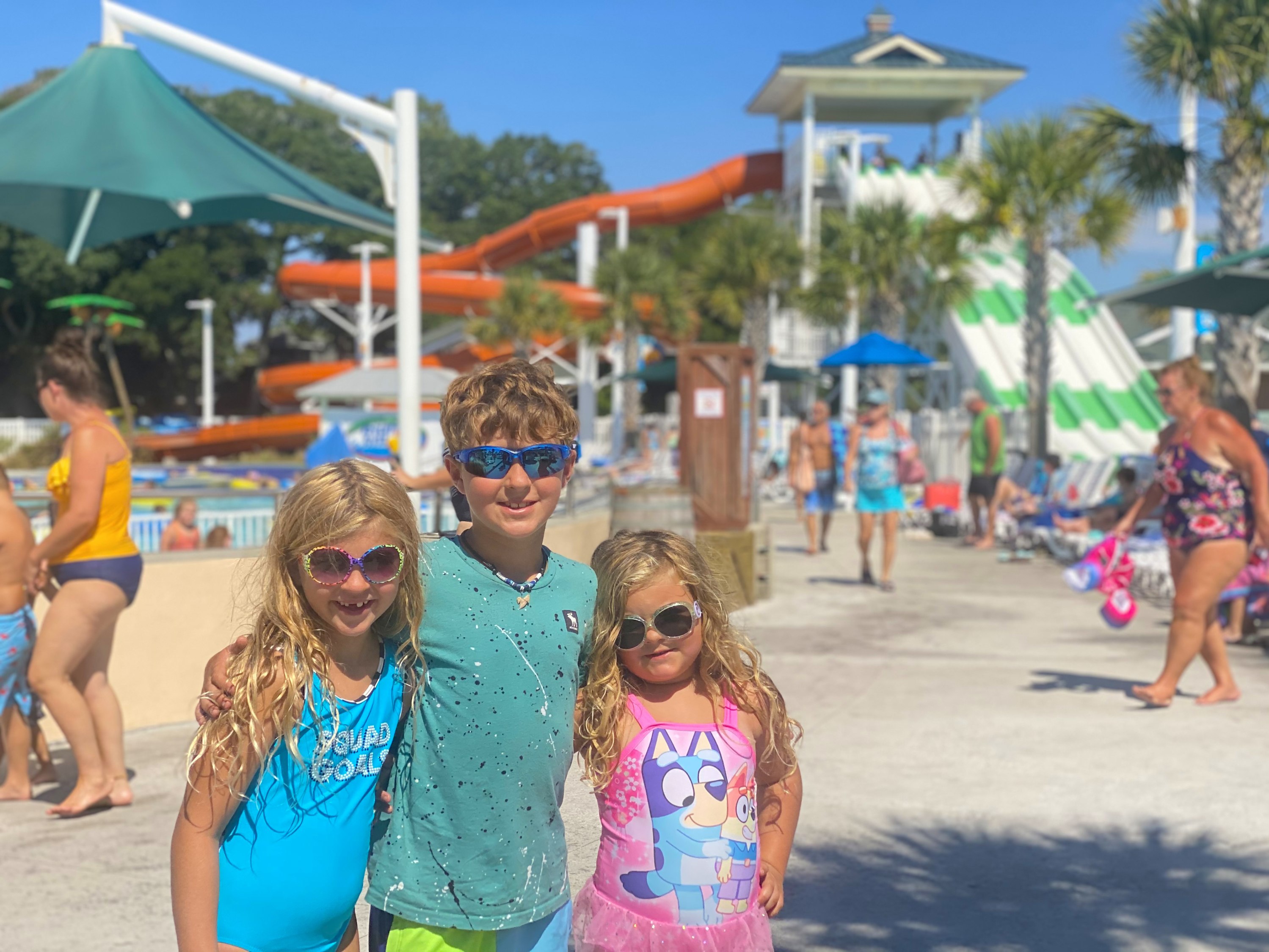 Families love Sandy Harbor Water Park with slides and pools.