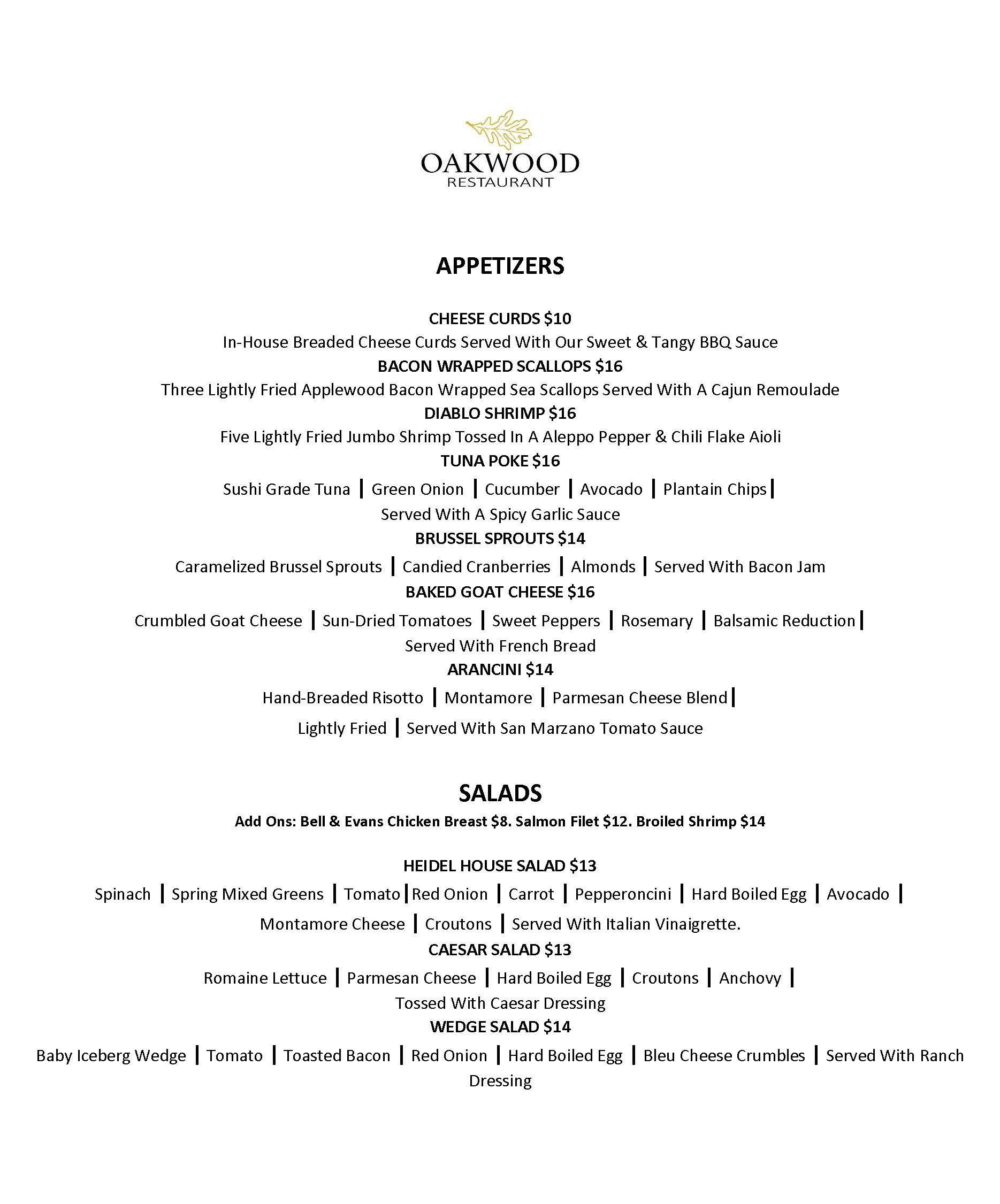 Oakwood Dinner Menu page1