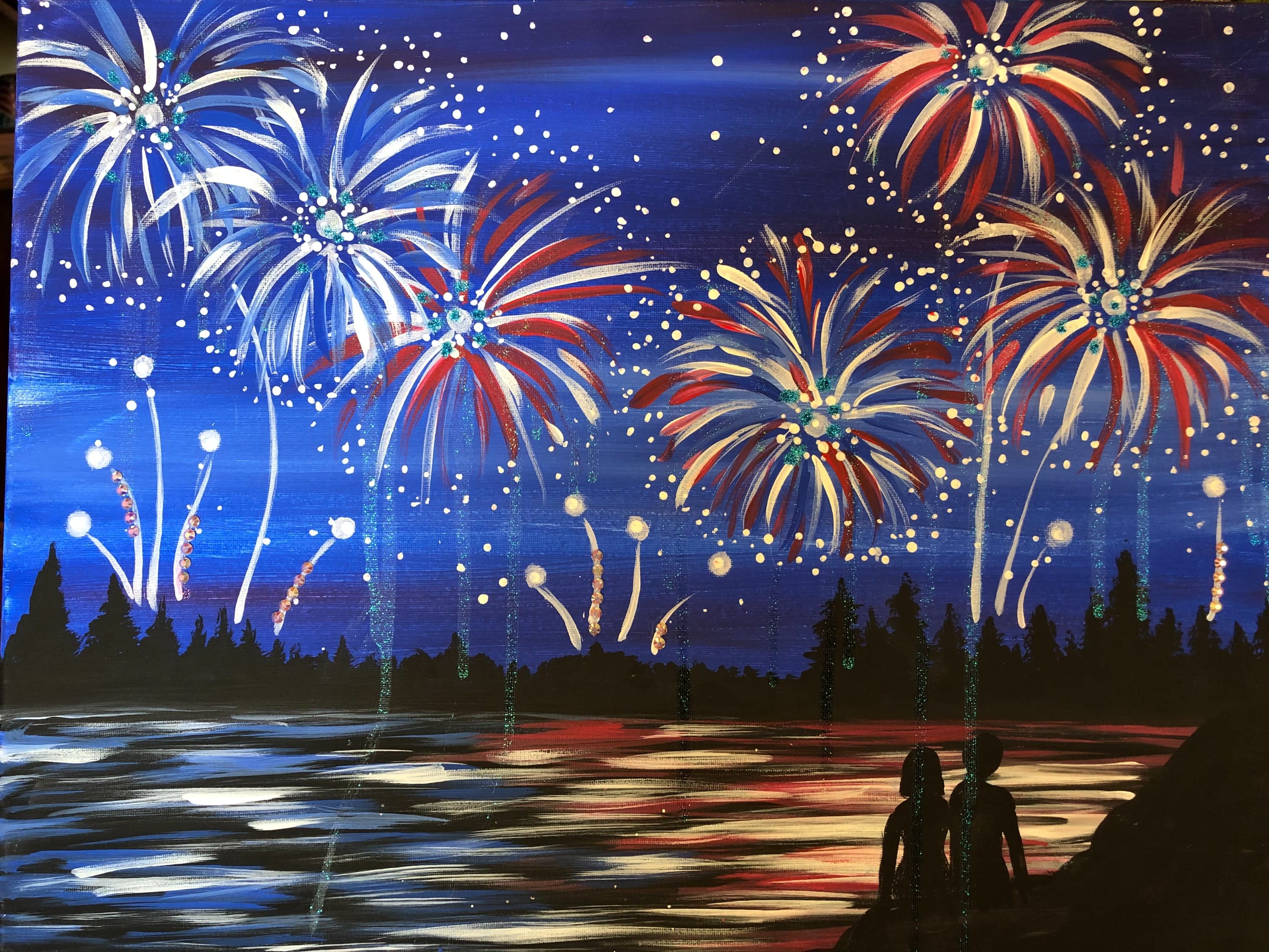 4th of July (or patriotic) painting of fireworks, a lake, trees & and the shadow of a woman & man