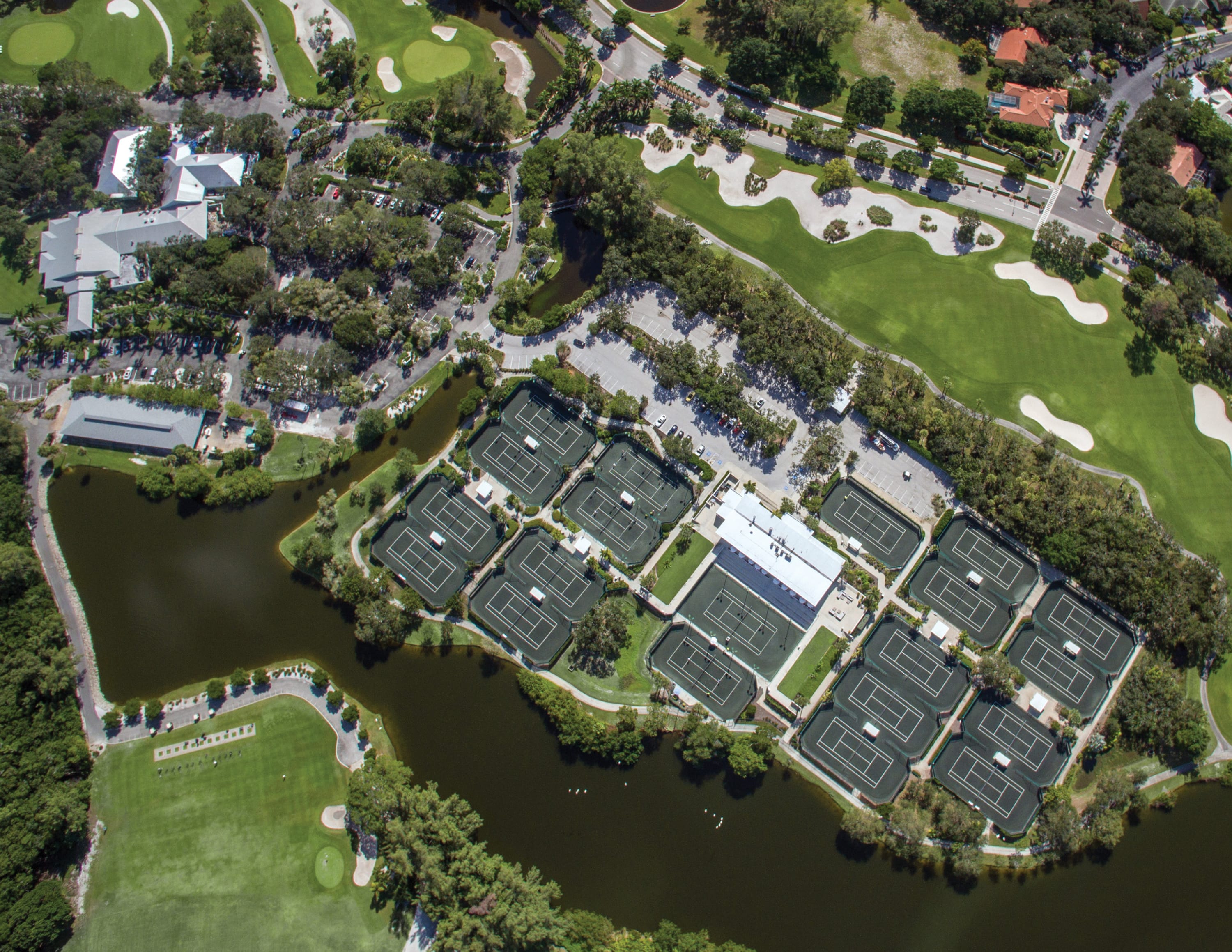 Drone aerial of all 20 Har Tru courts at The Tennis Gardens