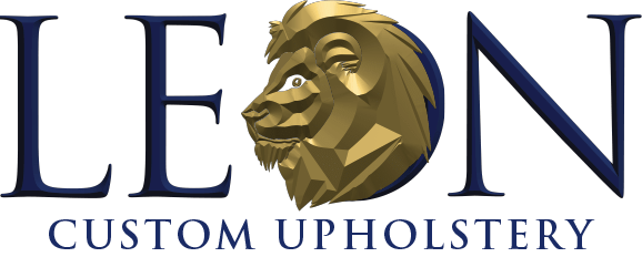 Leon Custom Upholstery's Logo with blue writing for the words and 3D Gold Lion Head for the O in Leon