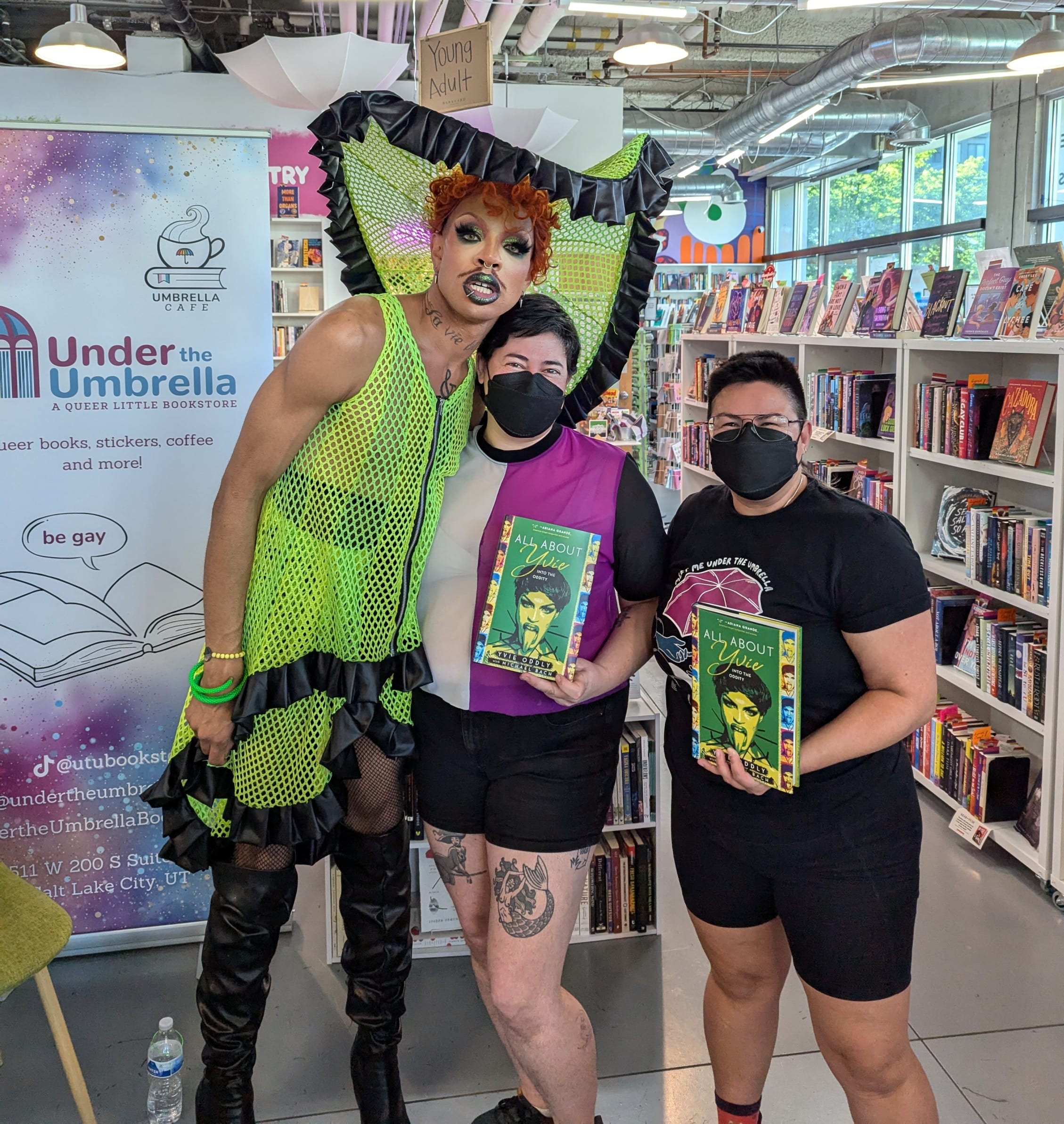 Owner Kaitlyn and bookseller Mel with Drag performer + author Yvie Oddly at an event at UTU.