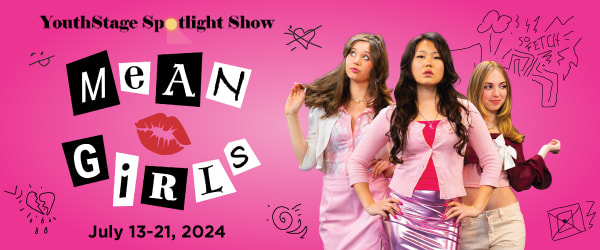 On top of a bright pink background is the show logo "Mean Girls" in black and white block letters on the left and on the righ