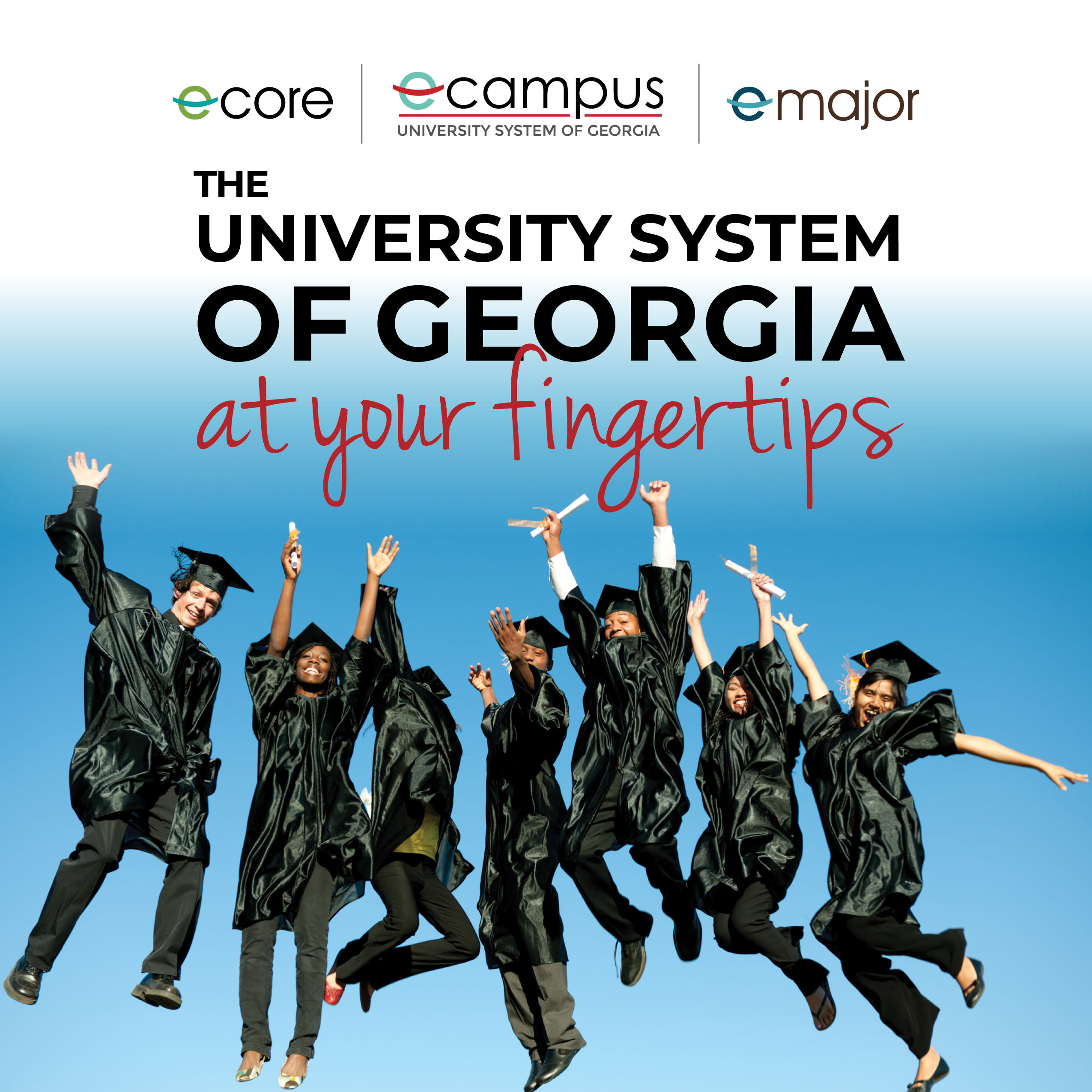 Graduates jumping with text: The university system of Georgia at your fingertips