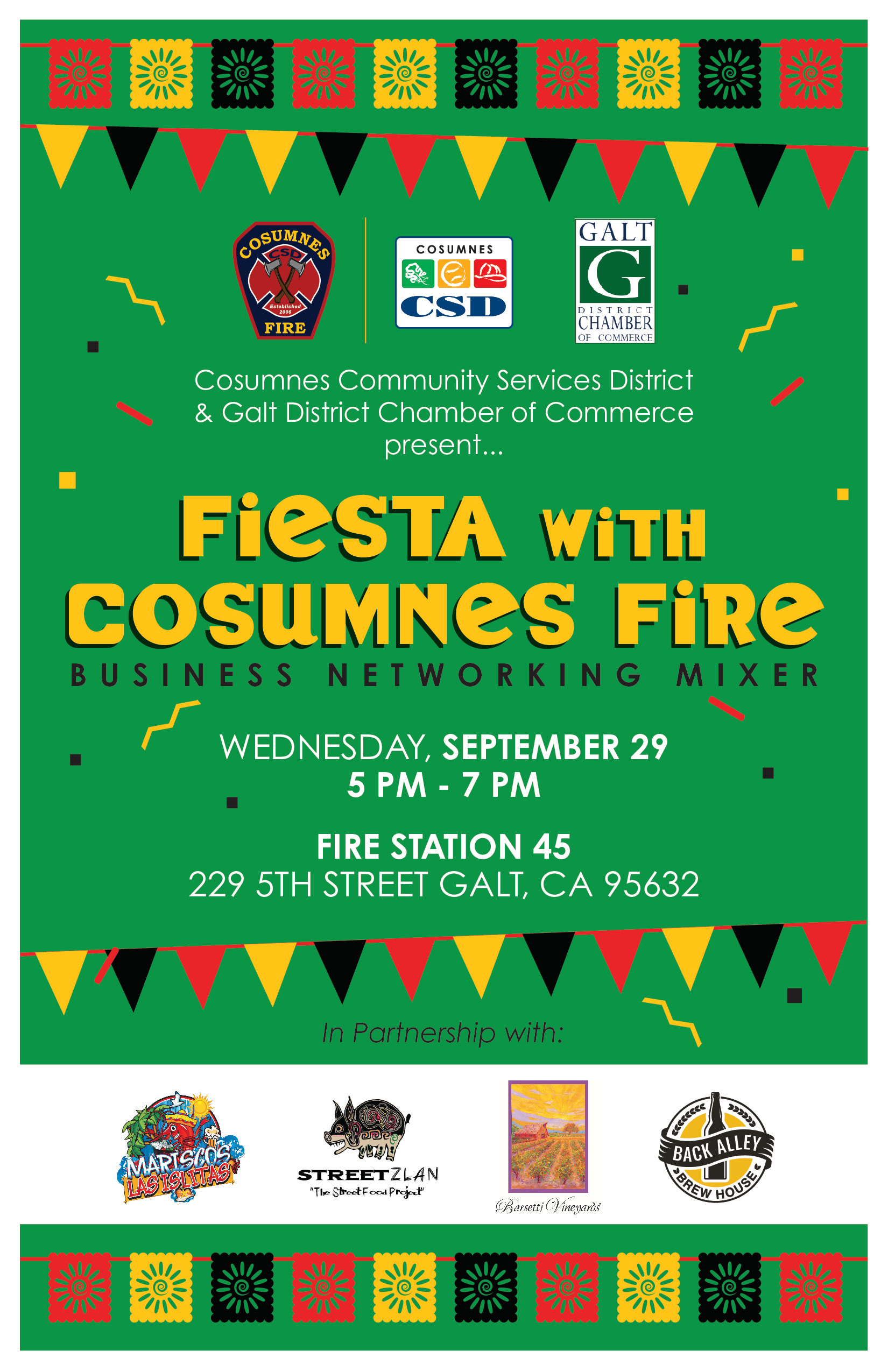 Fiesta with Cosumnes Fire Business Networking Mixer flyer, Wed., 09/29/21, 5-7pm, 229 5th St, Galt