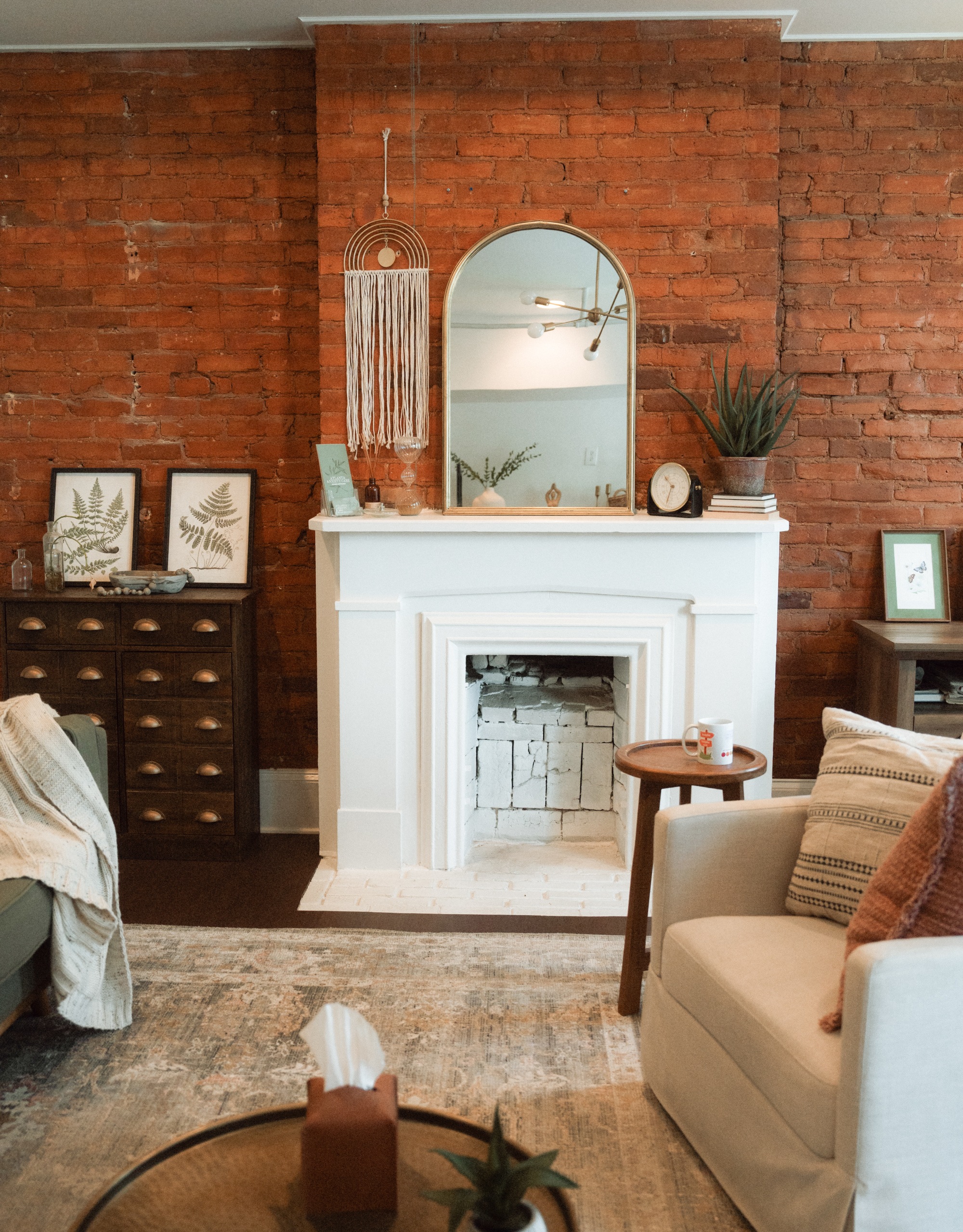 Fireplace, chair and couch