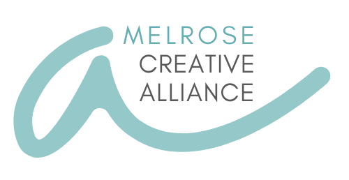 Melrose Creative Alliance with lower case script 'a' beneath in teal blue