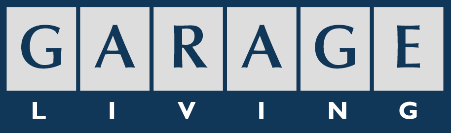 Garage Living logo in capital letters in light grey and navy