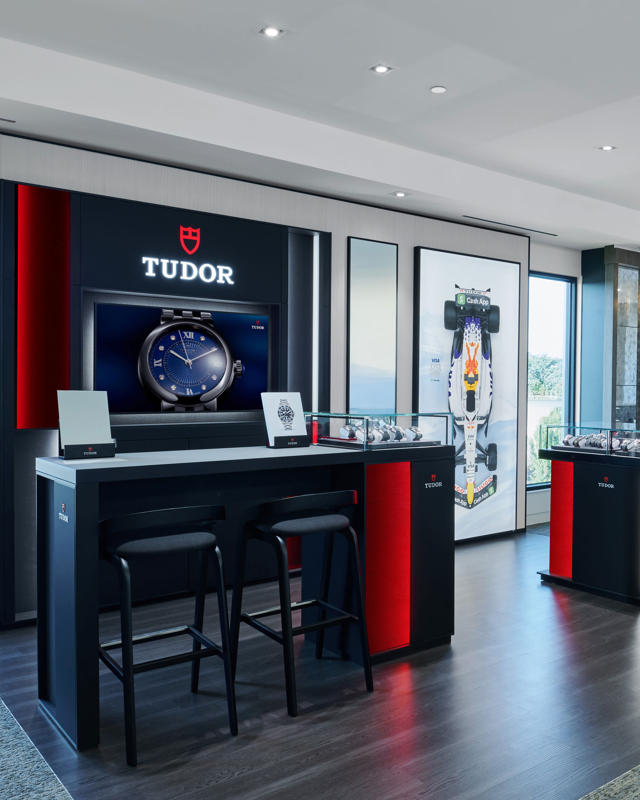 The new Tudor showroom at Jack Lewis Jewelers featuring a dedicated counter and seating for viewing and try-ons.