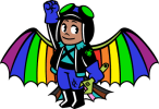 pilot wearing pride colored ornithopter, ant on jacket, raised fist, green goggles, holding wrench