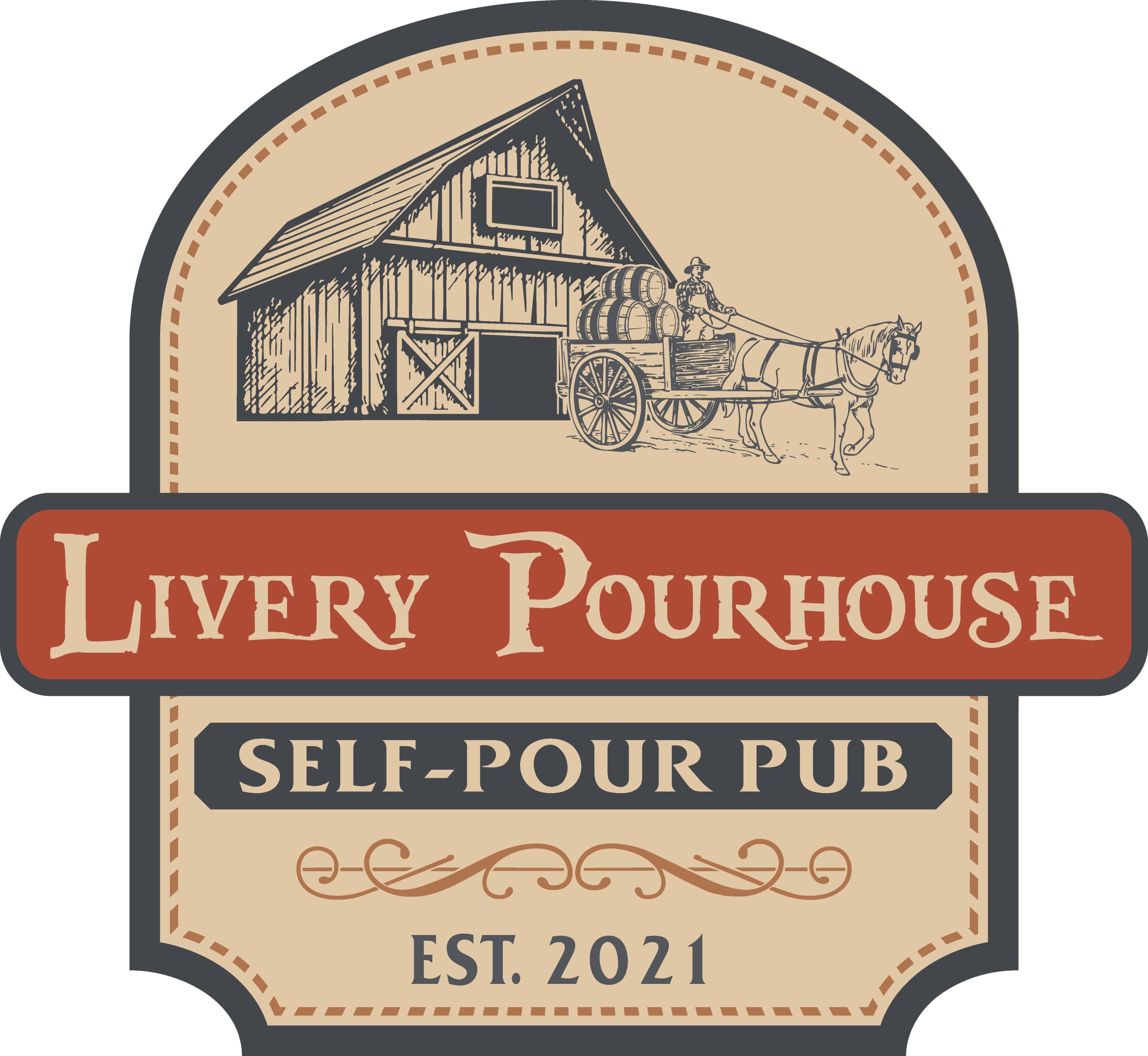 Logo of Livery Pourhouse, a self-pour pub established in 2021. The logo features an illustration of a barn with a horse-drawn