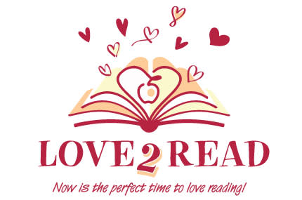 Open Book with and Apple inside a Heart superimposed over the open pages with hearts flying like butterflies: Love 2 Read