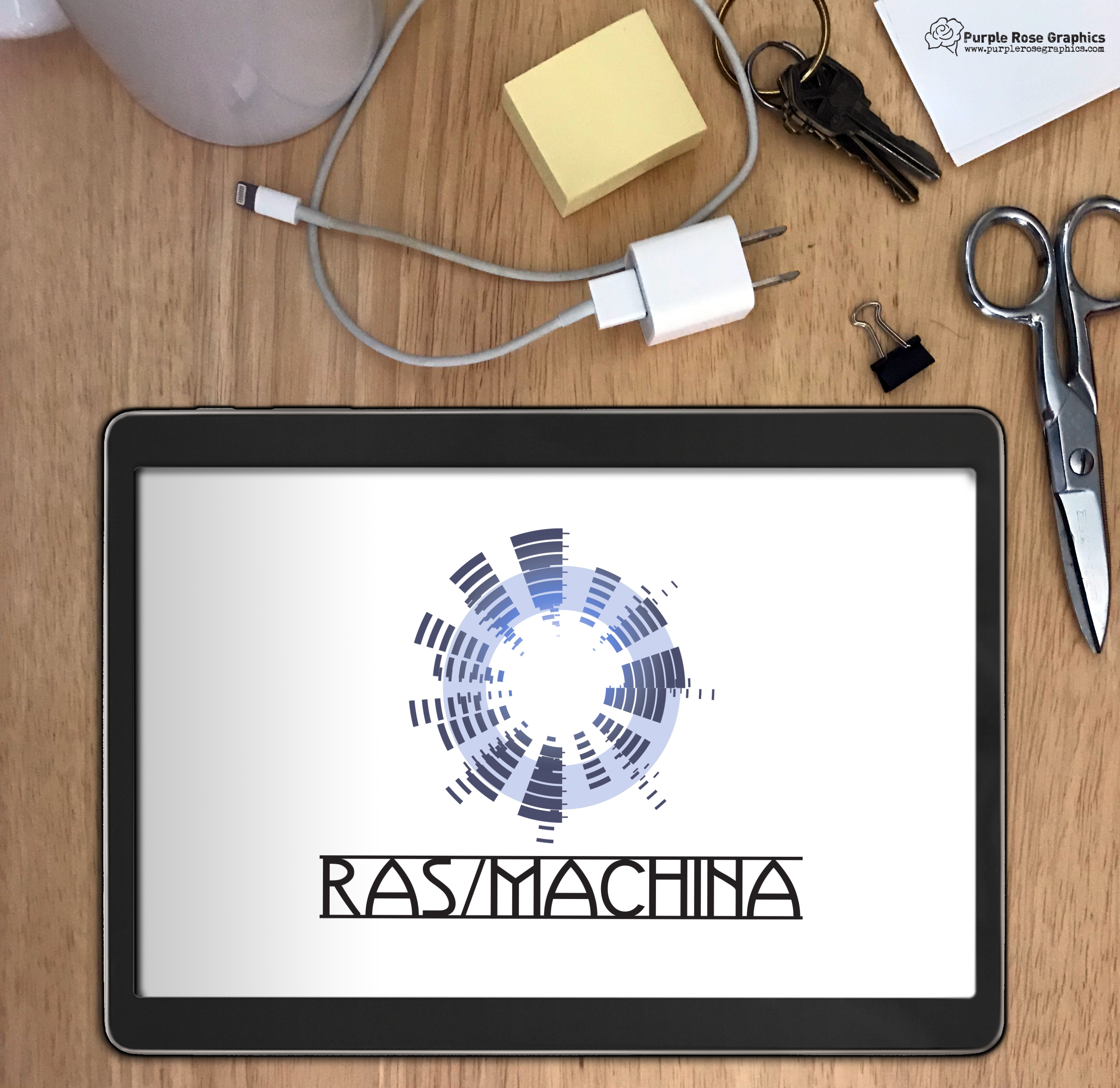 a blue ring with lines with radiating from the center and the words "RAS/Machina" in art deco style text underneath