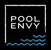 Pool Envy Logo black background with white pool envy and blue waves