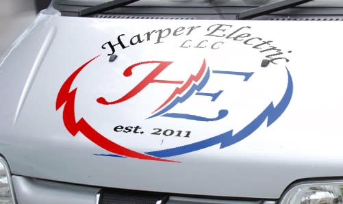 logo design for Harper Electric a large red H and blue E with a red and blue lightning bolt on either side