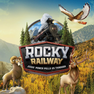 A logo with a train coming out of the mountains that says Rocky Railway: surrounded by a mountain goat, moose, and hawk