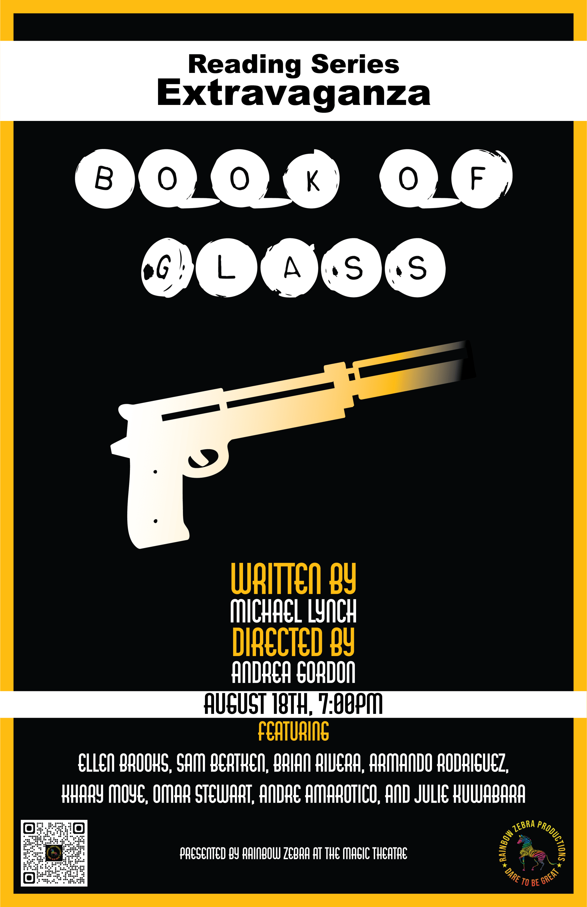 image of typewriter keys spelling B O O K O F G L A S S and a handgun