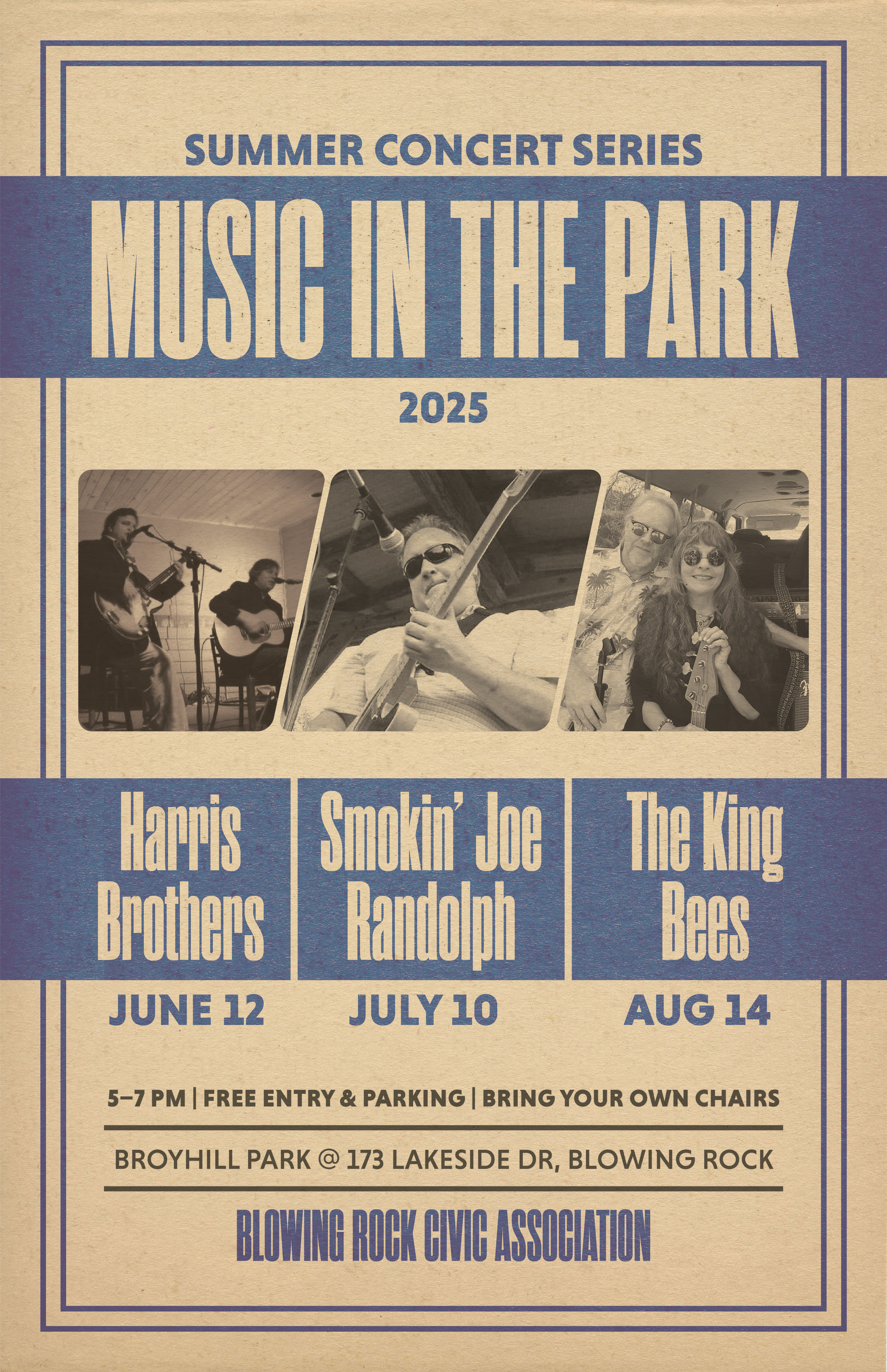 Poster for the 2025 “Music in the Park” Summer Concert Series, hosted by the Blowing Rock Civic Association.