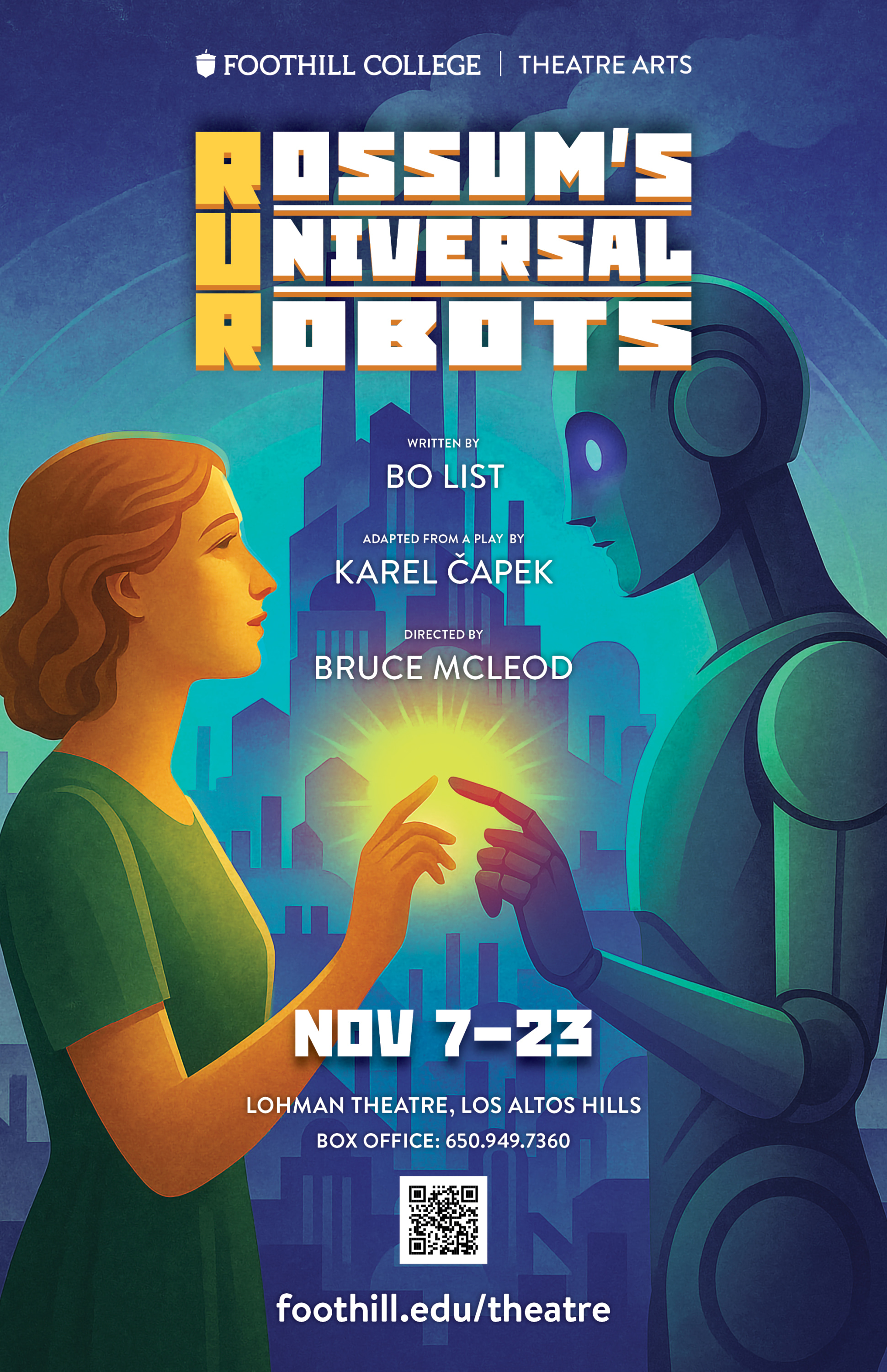 R.U.R. (Rossum's Universal Robots) Young woman facing Robot in profile, index fingers touching and glowing. Industrial backgr