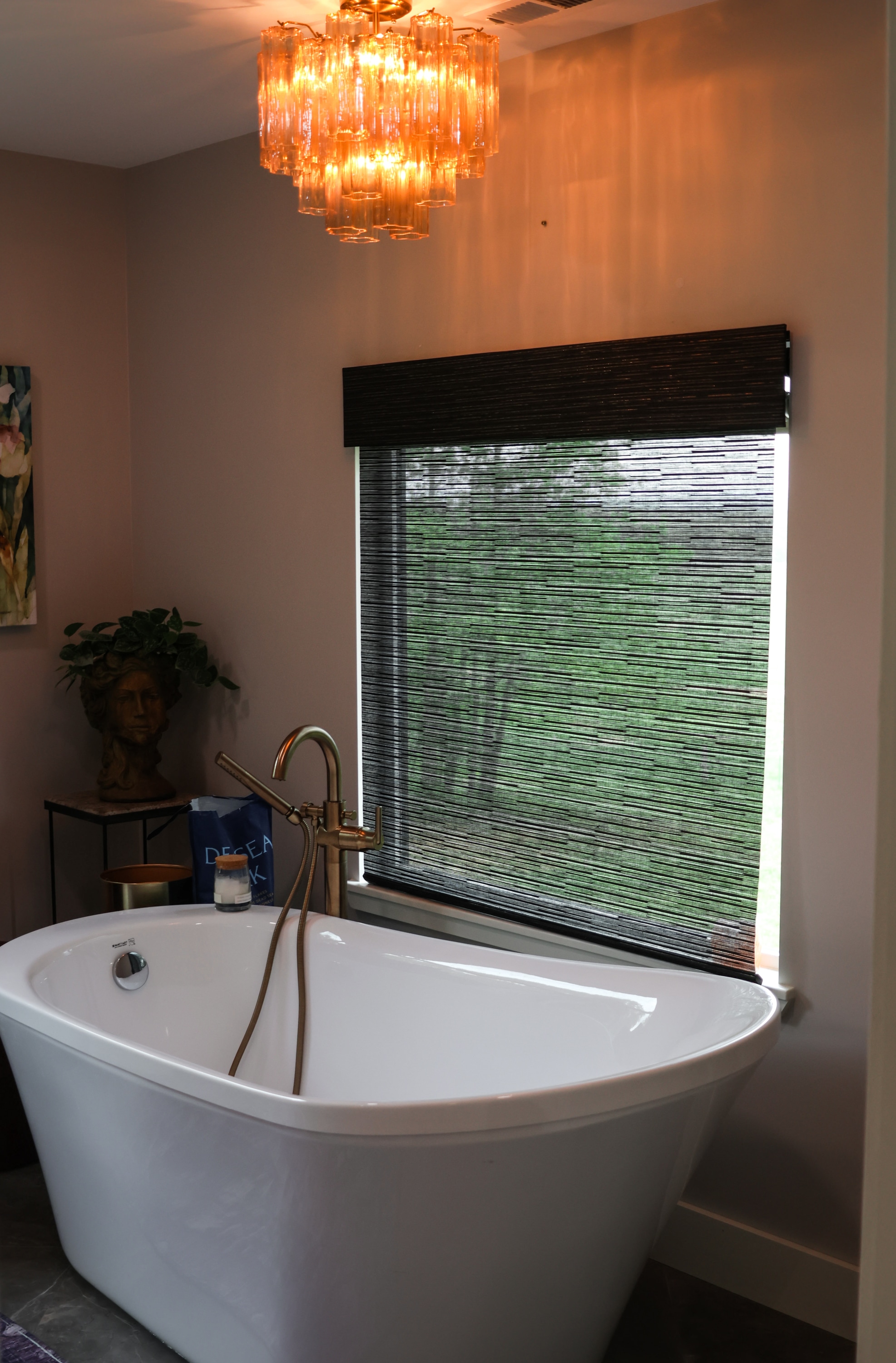 motorized solar screen roller shade in bathroom window