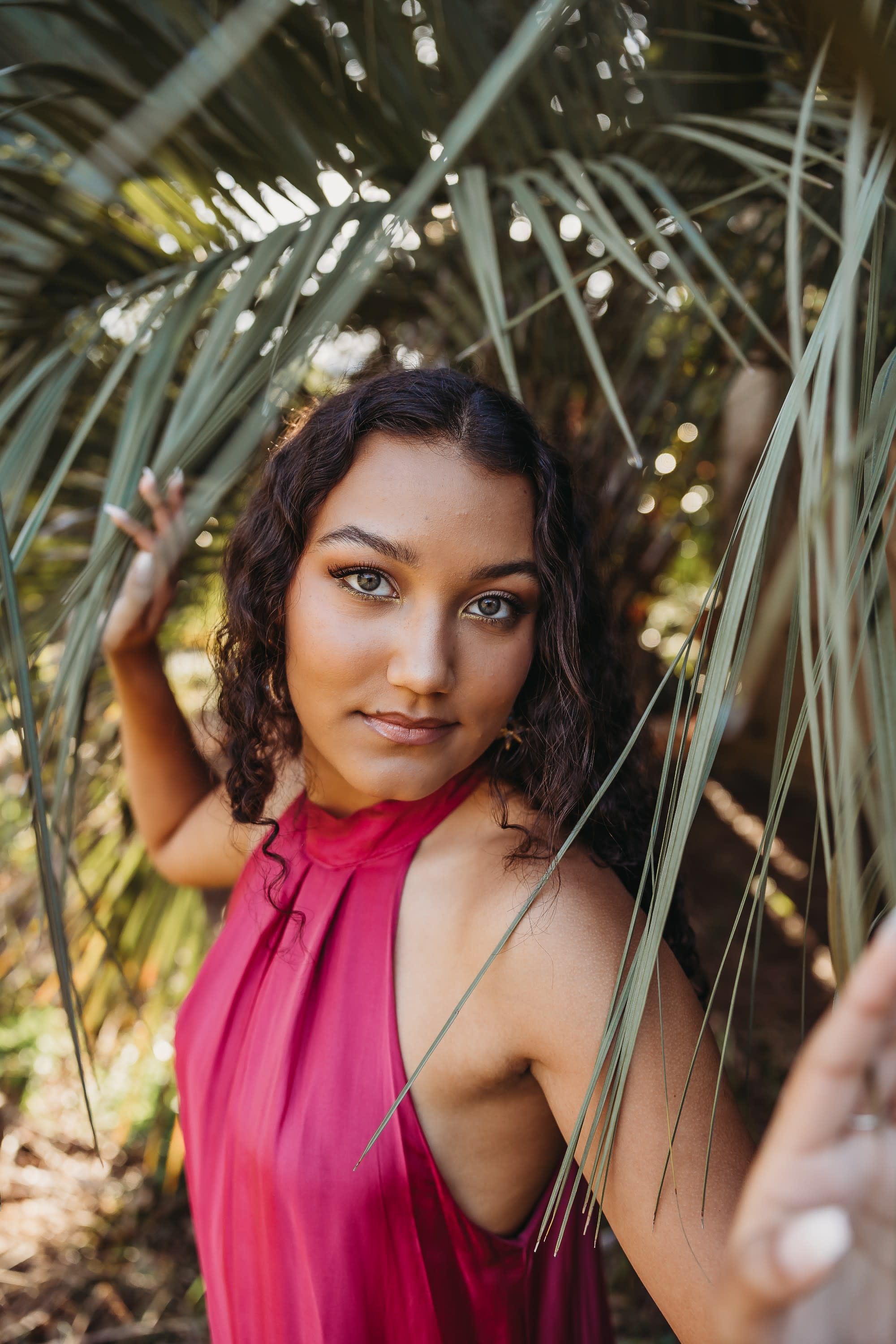 senior girl palm tree pink dress