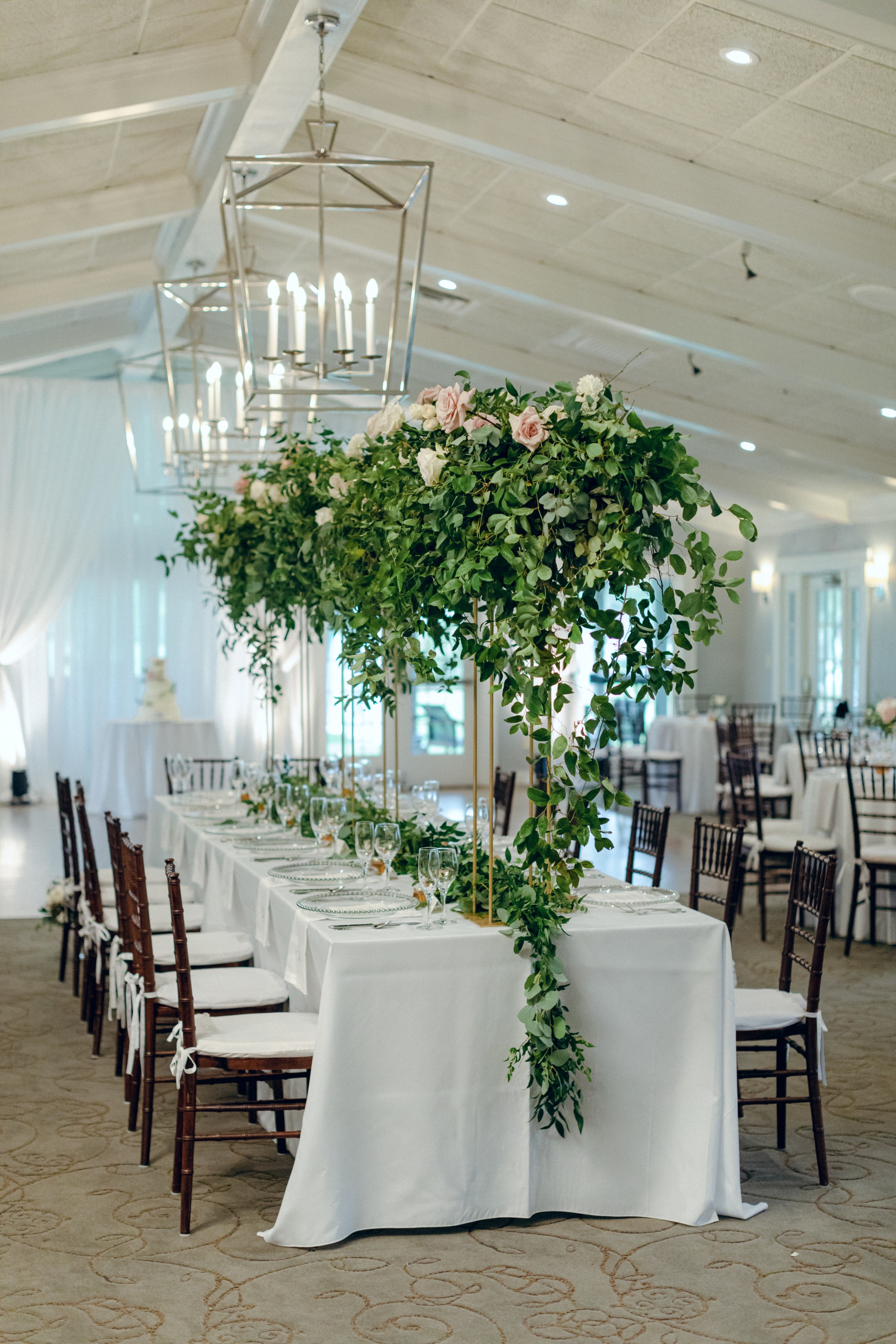 wedding reception, king table, hanging floral installation