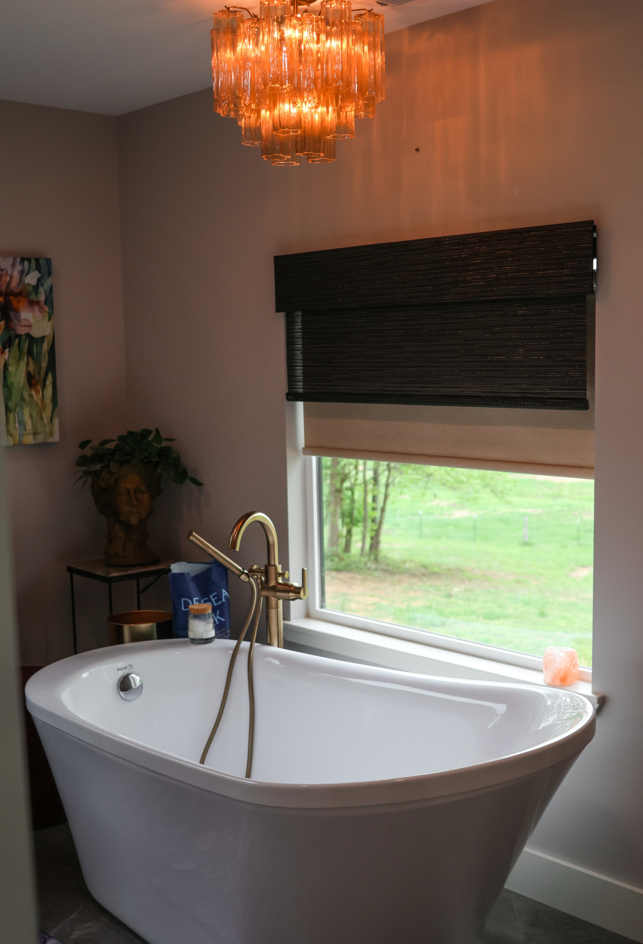 motorized dual roller shade in bathroom