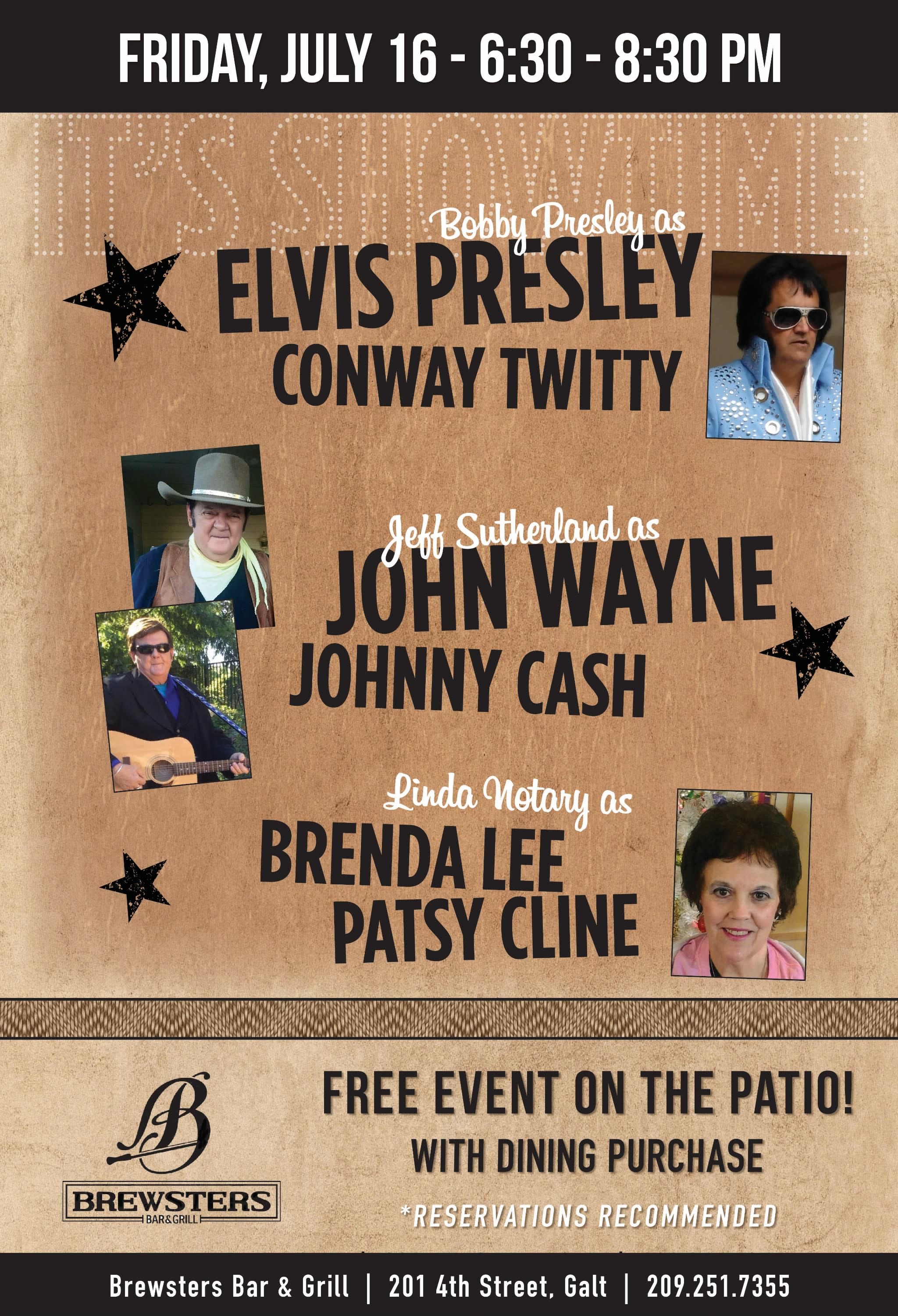 Live event flyer for performances (impersonations) of Elvis Presley, Johnny Cash & Patsy Cline) at Brewsters on 07/16/21