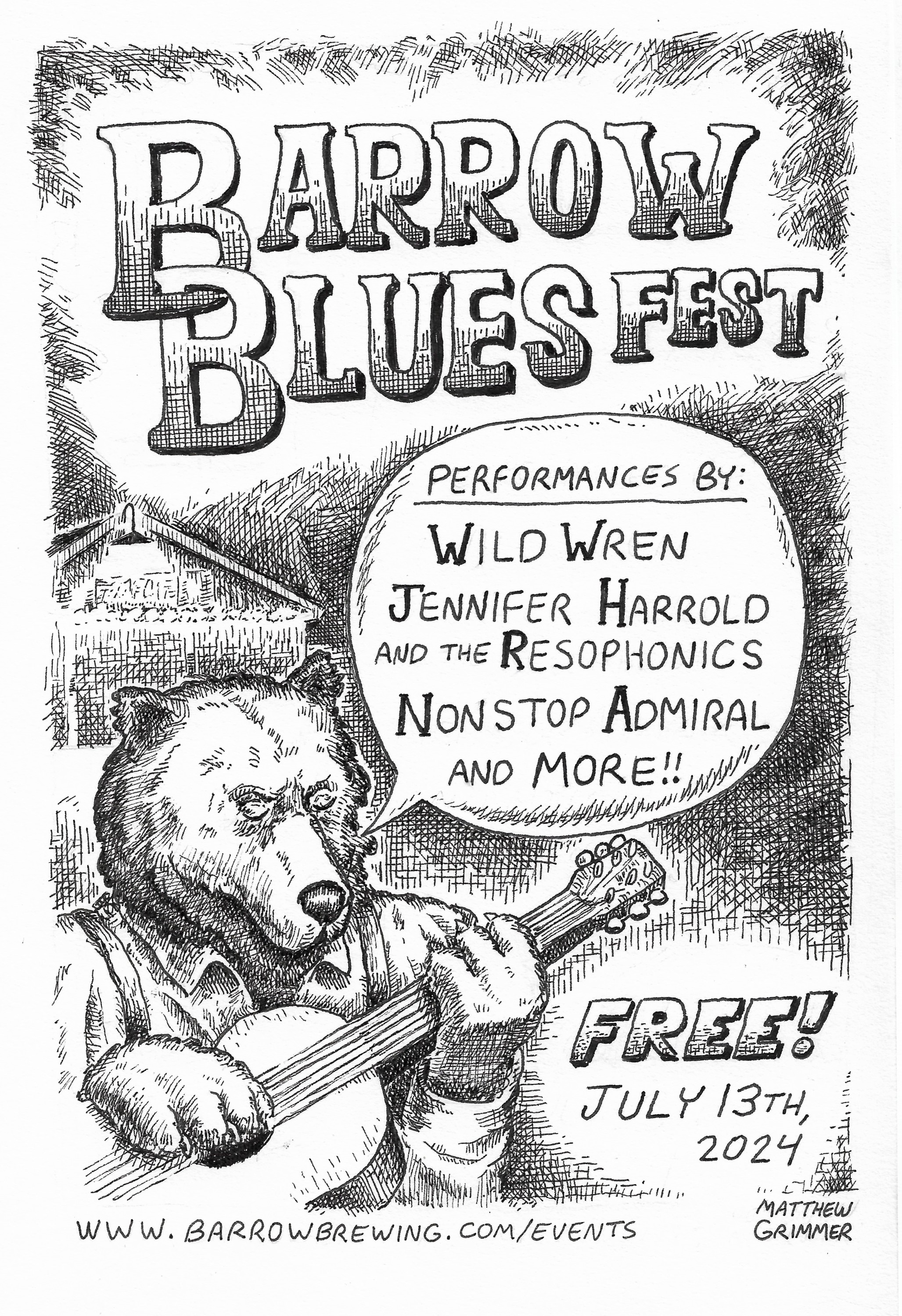 A bear plays guitar in front of the brewery. Barrow Blues Fest is July 13th.