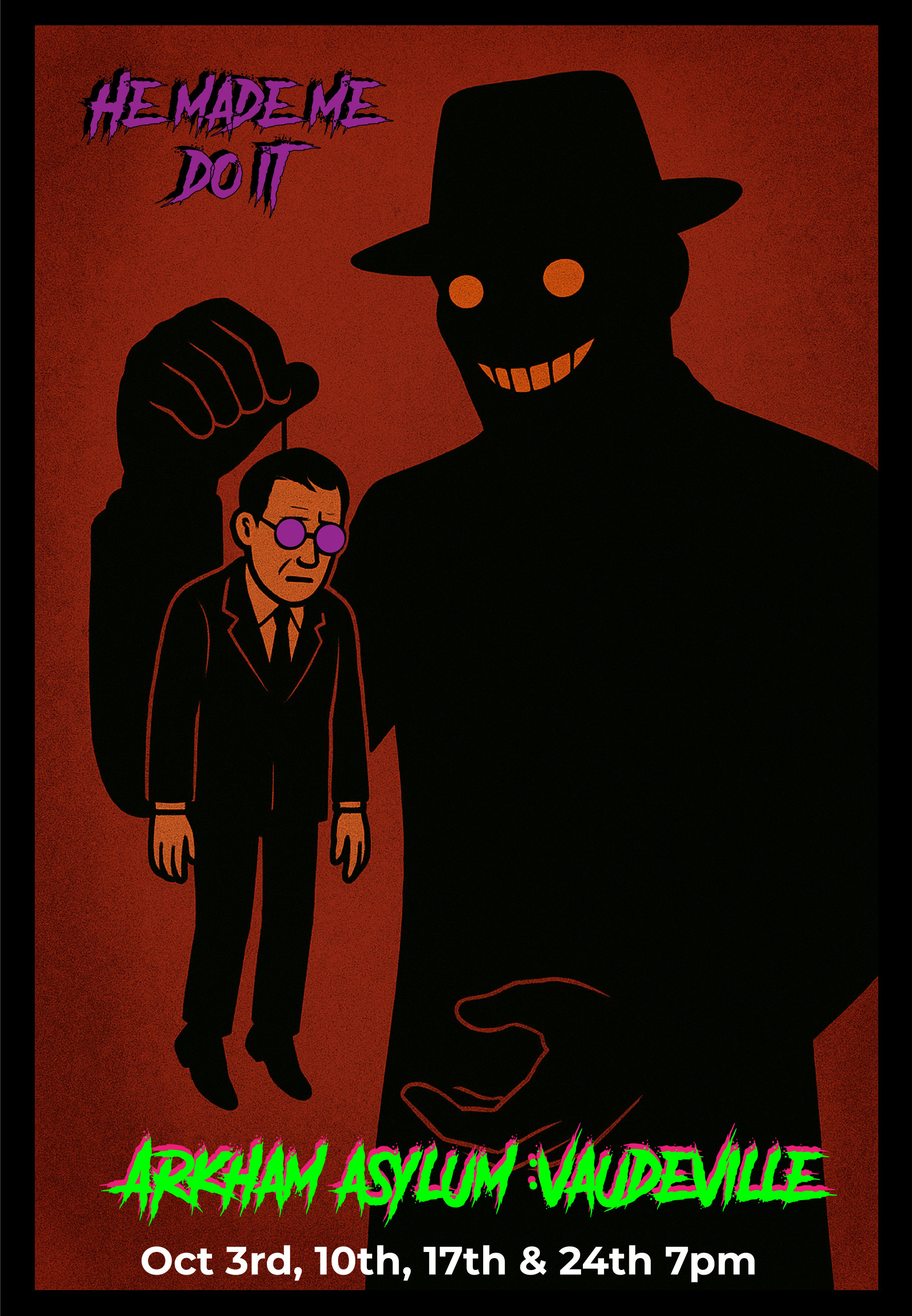 Comic book style silhouette of the Gotham villian Mr Scarface holding a small version of Arnold Wesker