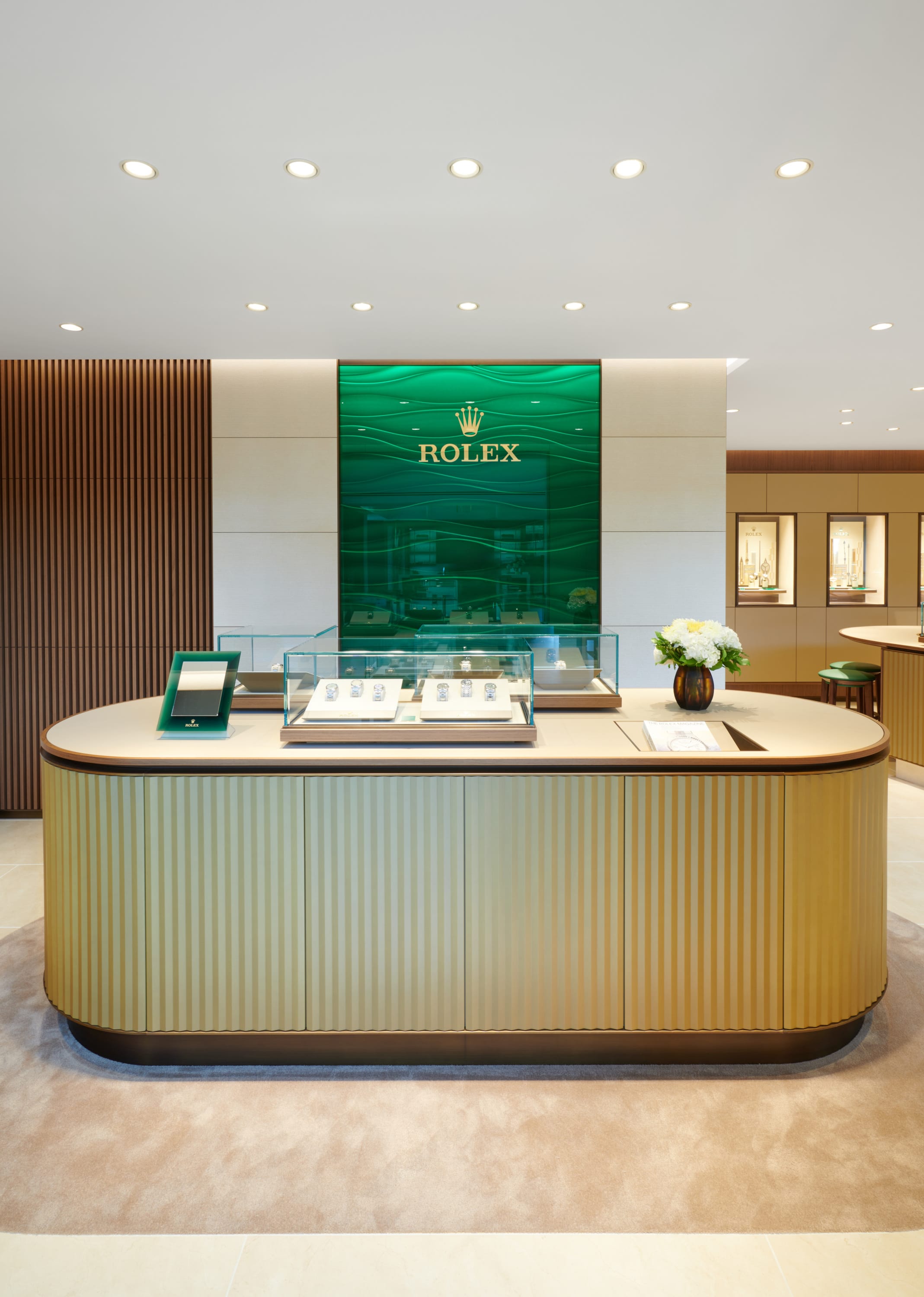 The new Rolex showroom at Jack Lewis Jewelers featuring a private viewing room, and in wall exhibition displays.