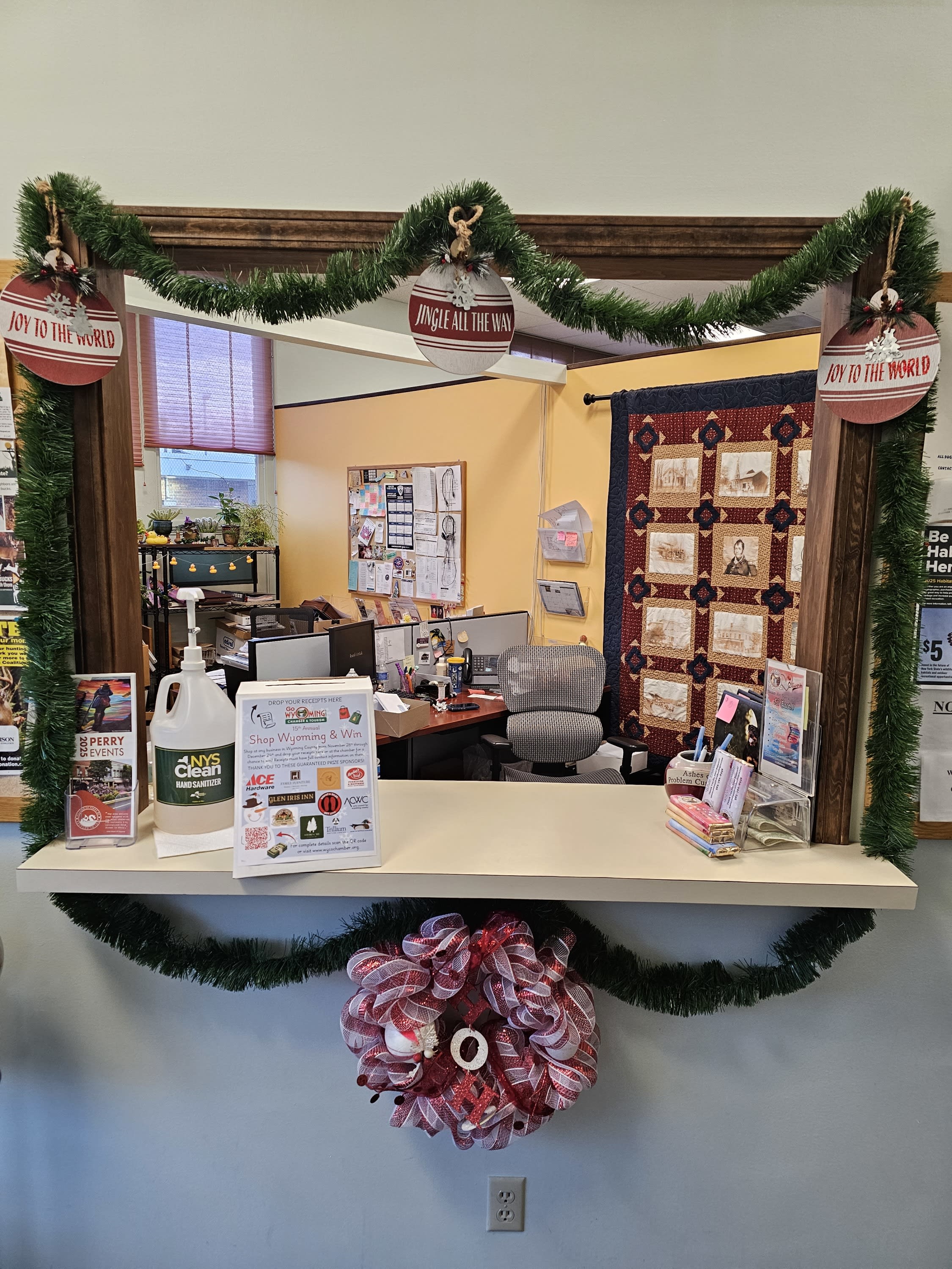 perry town hall window with shop wyoming and win box