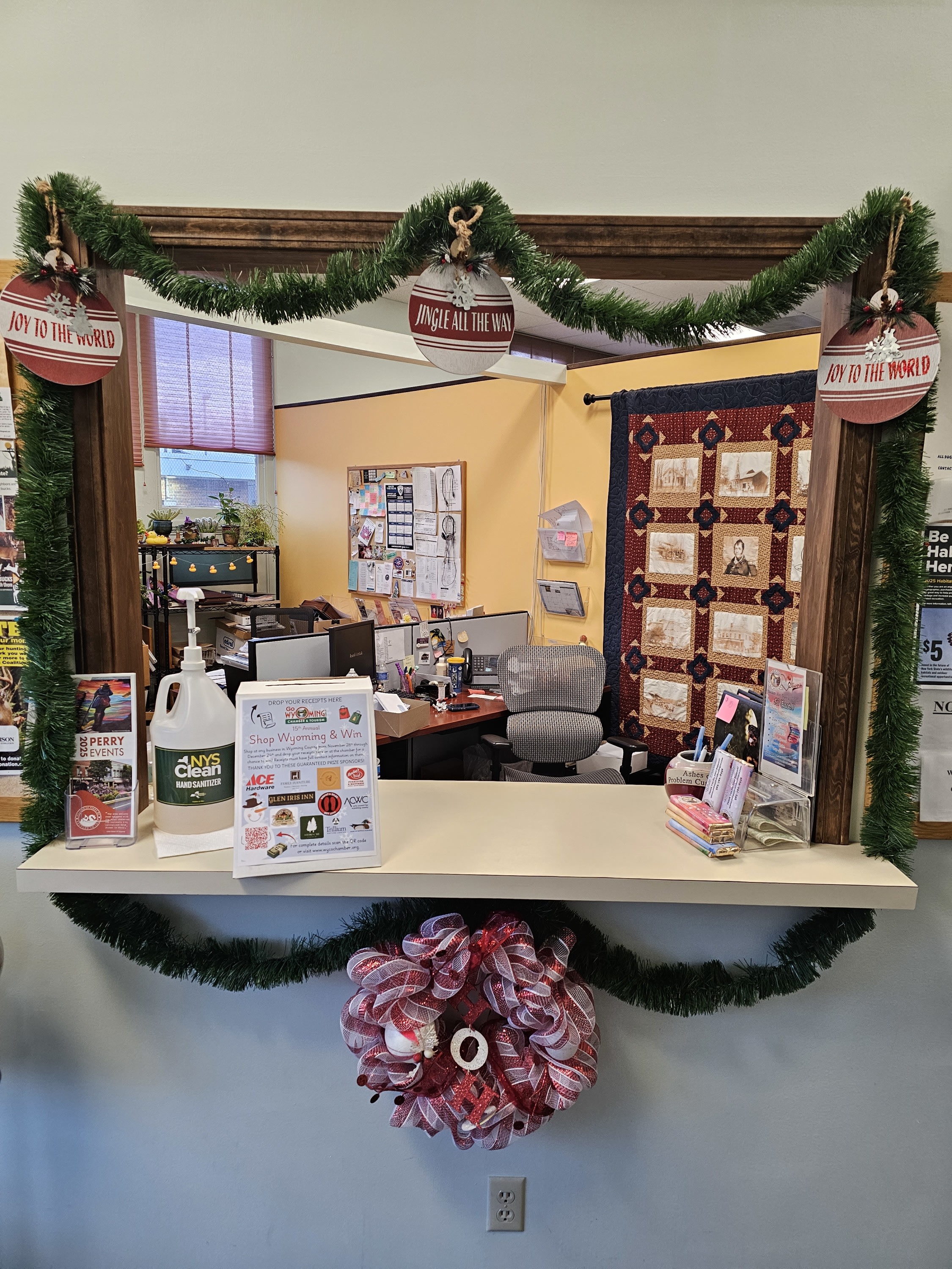 perry town hall window with shop wyoming and win box