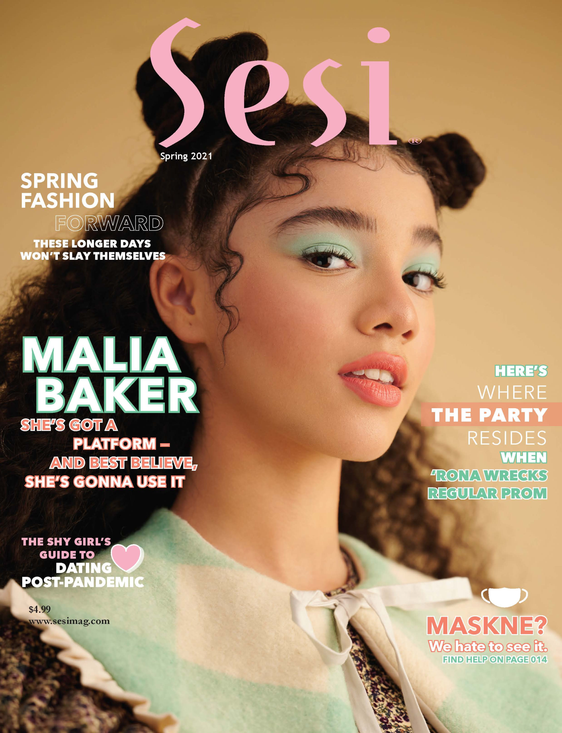 Malia Baker on cover of Sesi. She has two Bantu knots on top of head and rest of hair is loose. Teal eyeshadow and outfit.