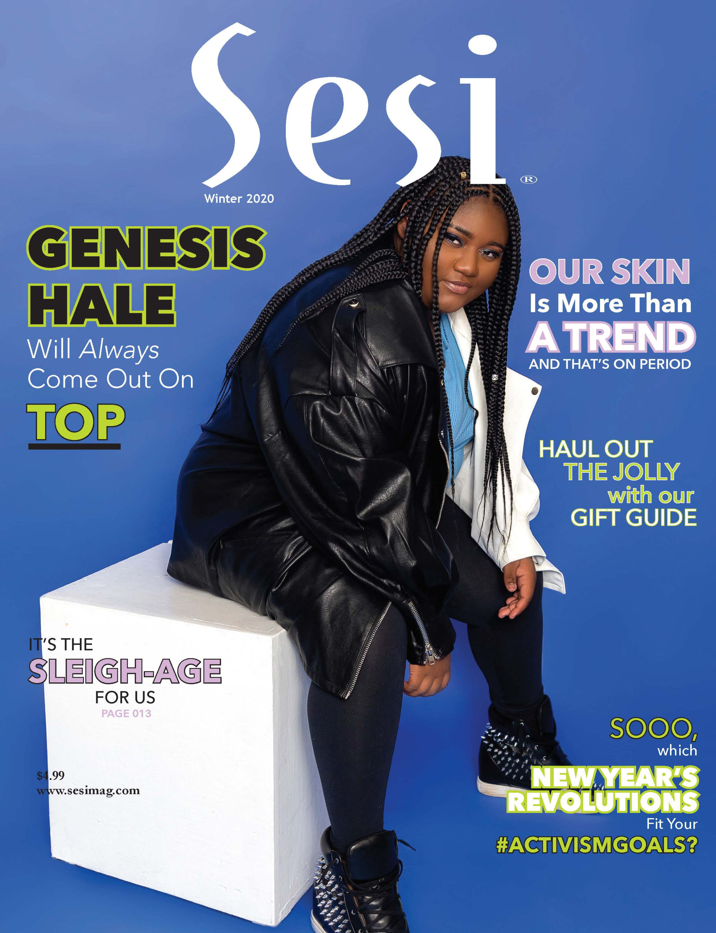 Genesis Hale on Sesi cover with blue background. She's seated on white box and wearing box braids and a black leather jacket.