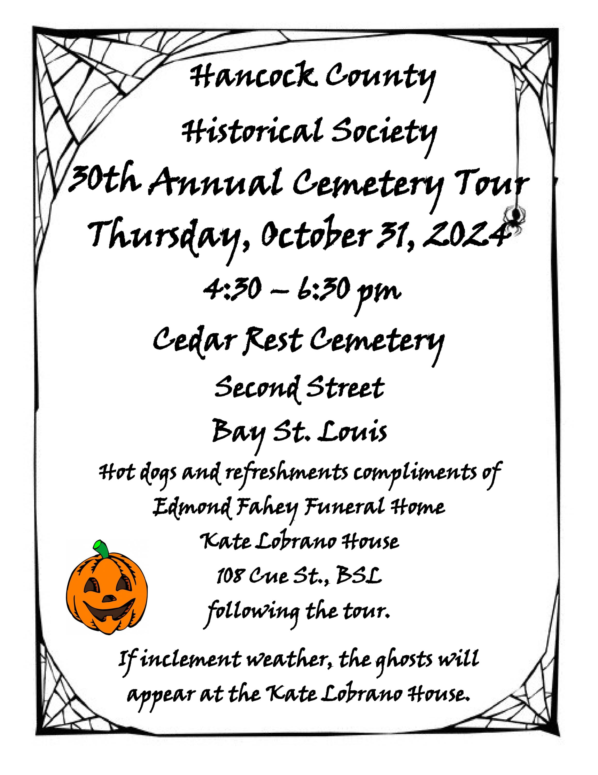 Flier with Spider webs around the edge and a carved pumpkin describing the event